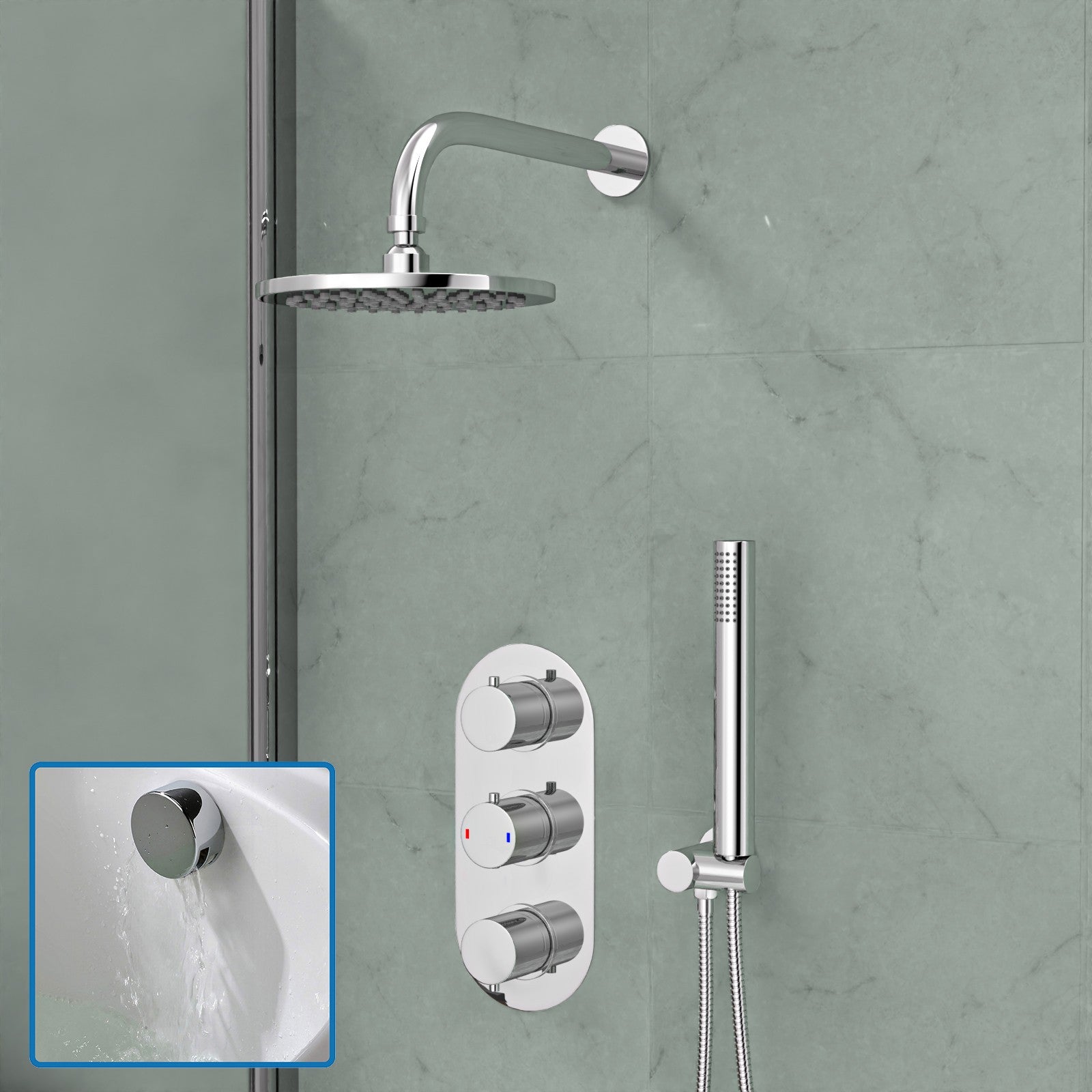 Chrome Round 3 Way Concealed Mixer Shower Valve Pencil Handset Bath Filler