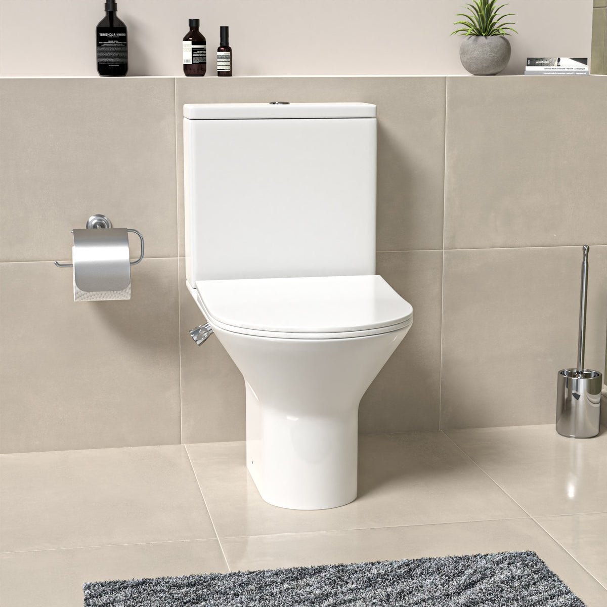 Round Rimless Close Coupled Ceramic Toilet With Integrated Bidet Valve