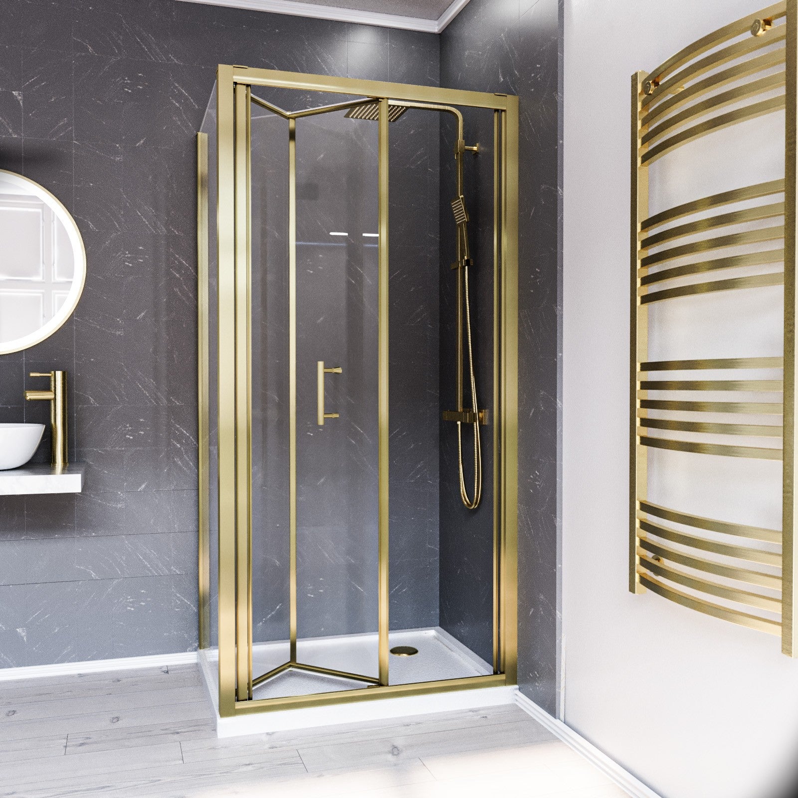 Brushed Brass 1000mm Bi-fold Shower Door 900mm Tempered Glass Panel With Tray