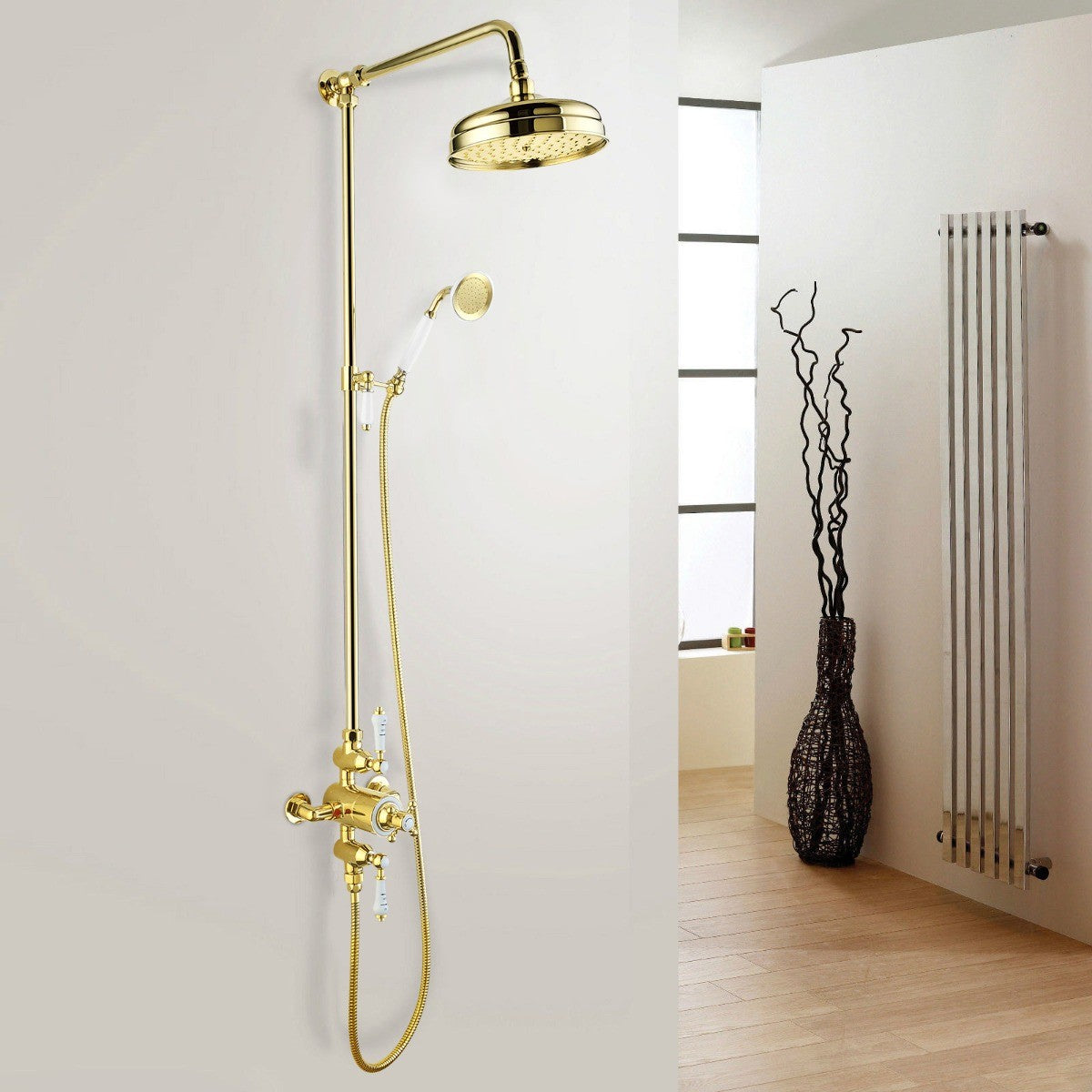 Traditional Exposed Thermostatic Valve, Riser Rail & Round Handset Gold