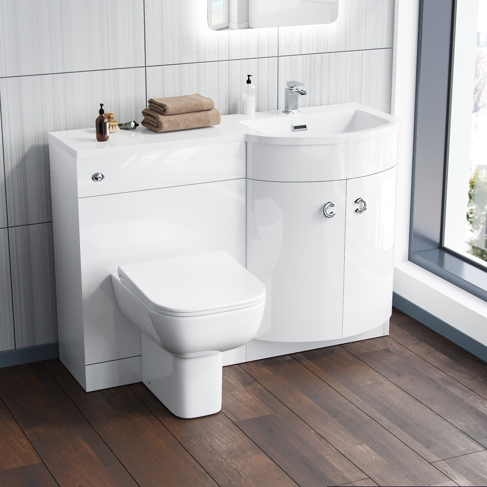 Dene 1100mm P Shaped RH White Vanity Basin Cabinet and Wc BTW Toilet Unit