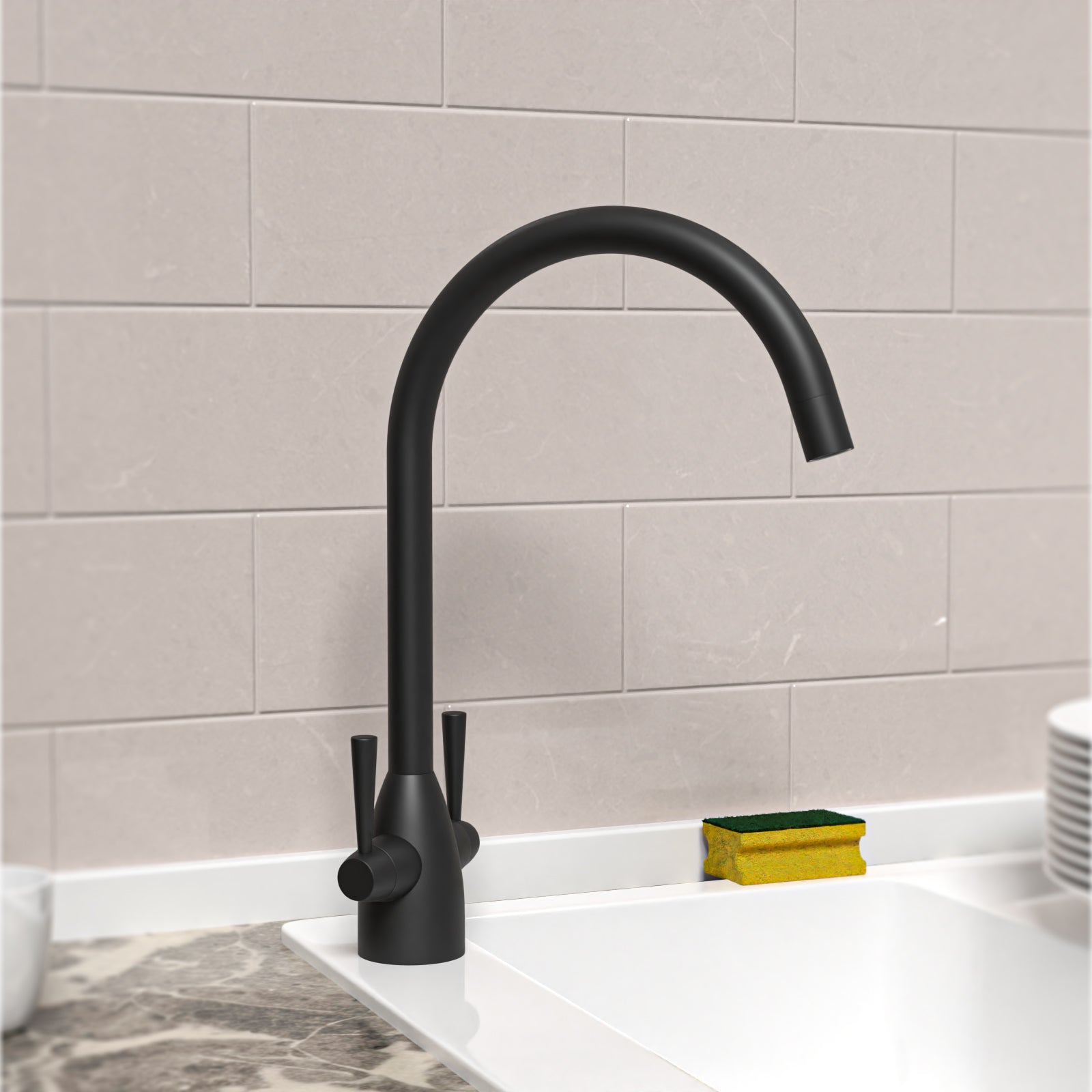 Matt Black Modern Kitchen Sink Swivel Mixer Tap Dual Lever