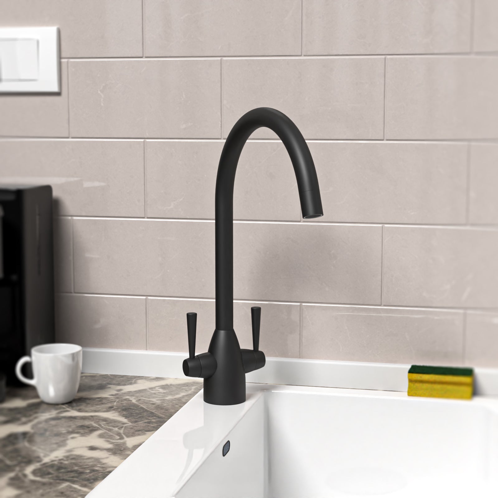 Matt Black Modern Kitchen Sink Swivel Mixer Tap Dual Lever