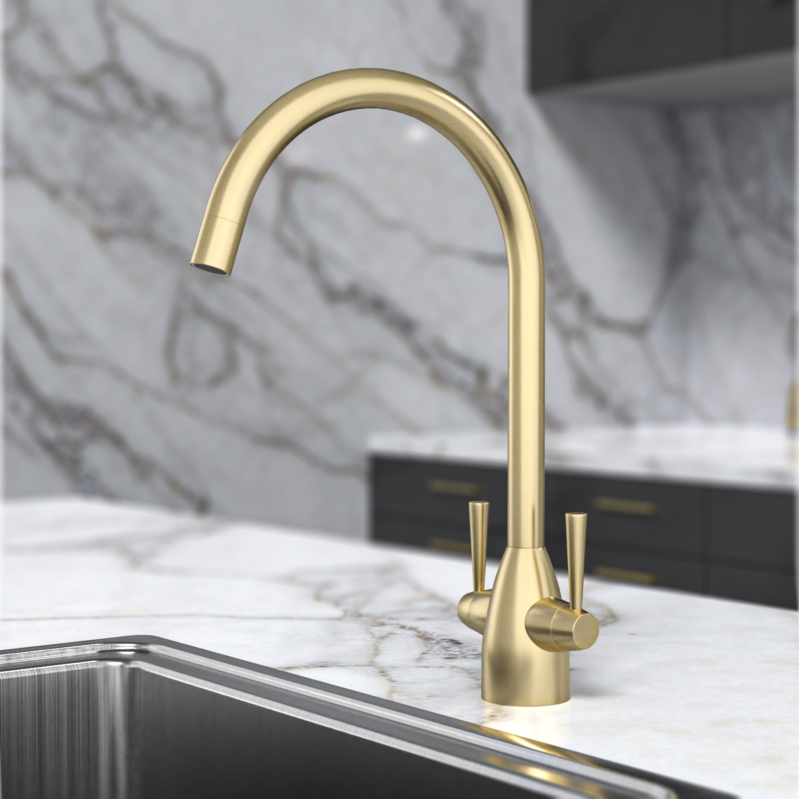 Brushed Brass Modern Kitchen Sink Swivel Mixer Tap Dual Lever
