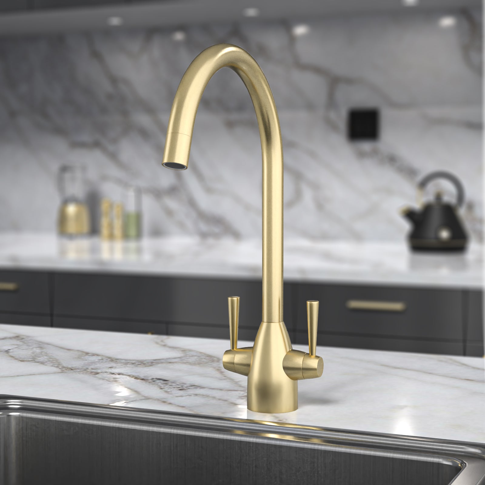 Brushed Brass Modern Kitchen Sink Swivel Mixer Tap Dual Lever