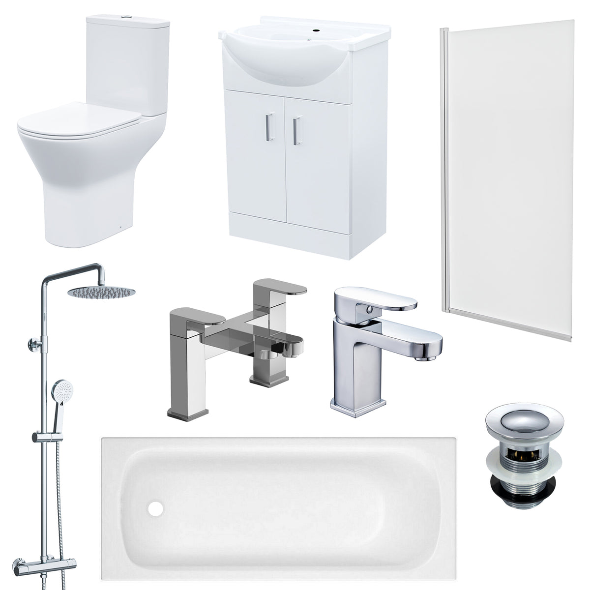 Ellen 550mm Freestanding Vanity with Close Coupled Toilet, Shower Bath & Taps Set