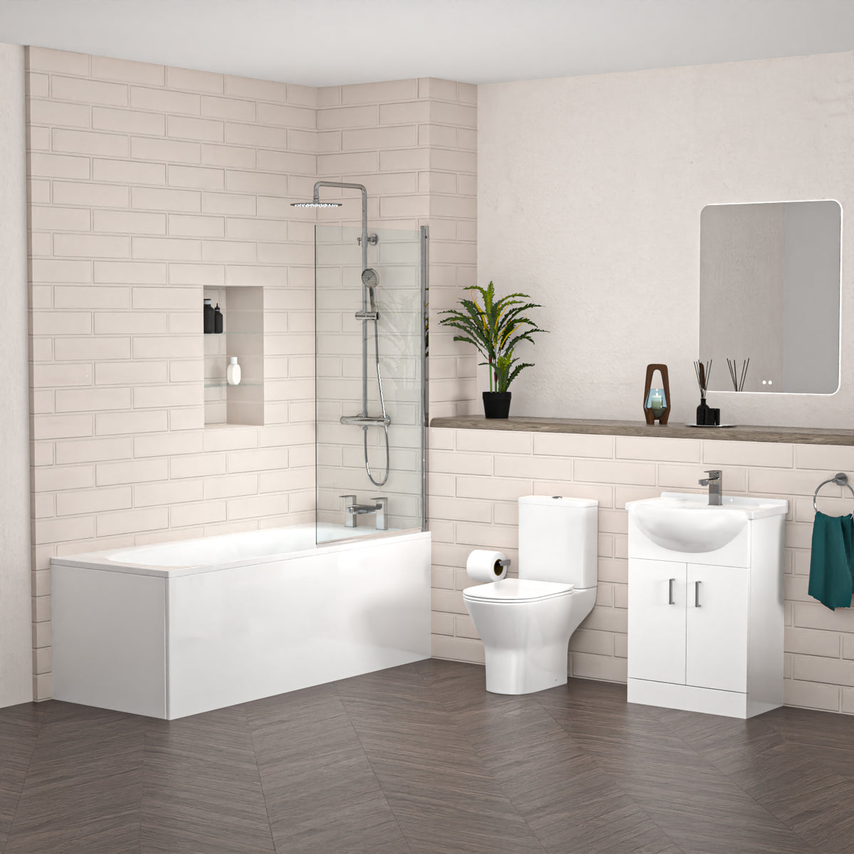 Ellen 550mm Freestanding Vanity with Close Coupled Toilet, Shower Bath & Taps Set