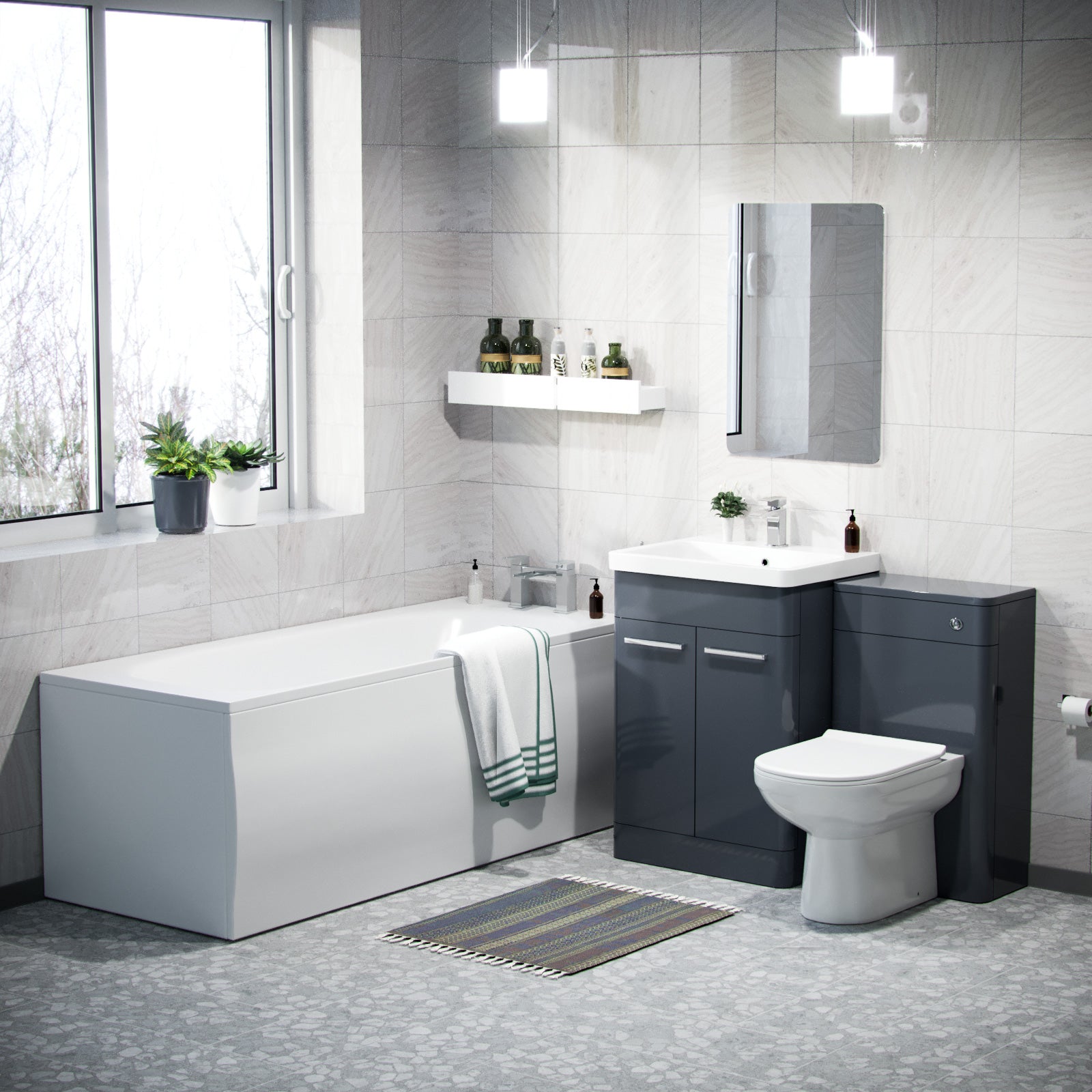 Afern Dark Grey 3 Piece Bathroom Suite 600mm Vanity, WC, BTW Toilet & Straight Bath