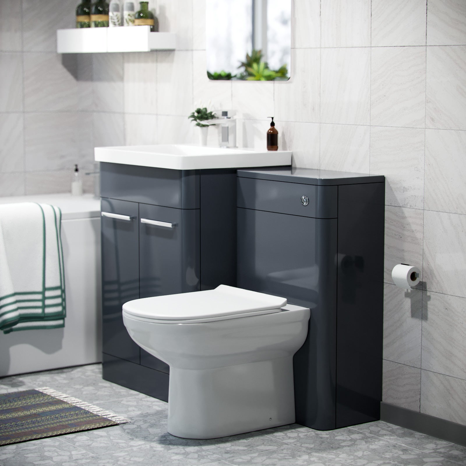 Afern Dark Grey 3 Piece Bathroom Suite Vanity, WC, BTW Toilet & Straight Bath