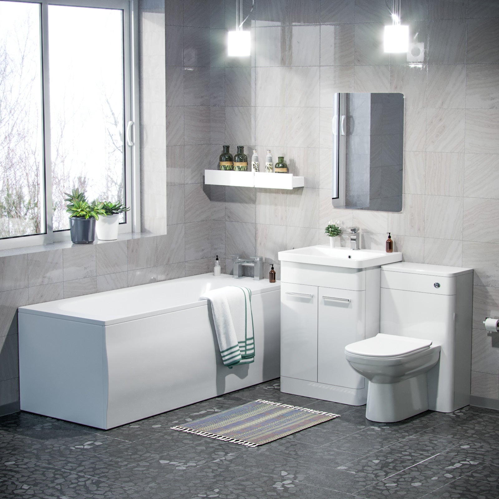 Afern 3-Piece High Gloss White Bathroom Suite 600mm Vanity, WC, BTW Toilet & Bath