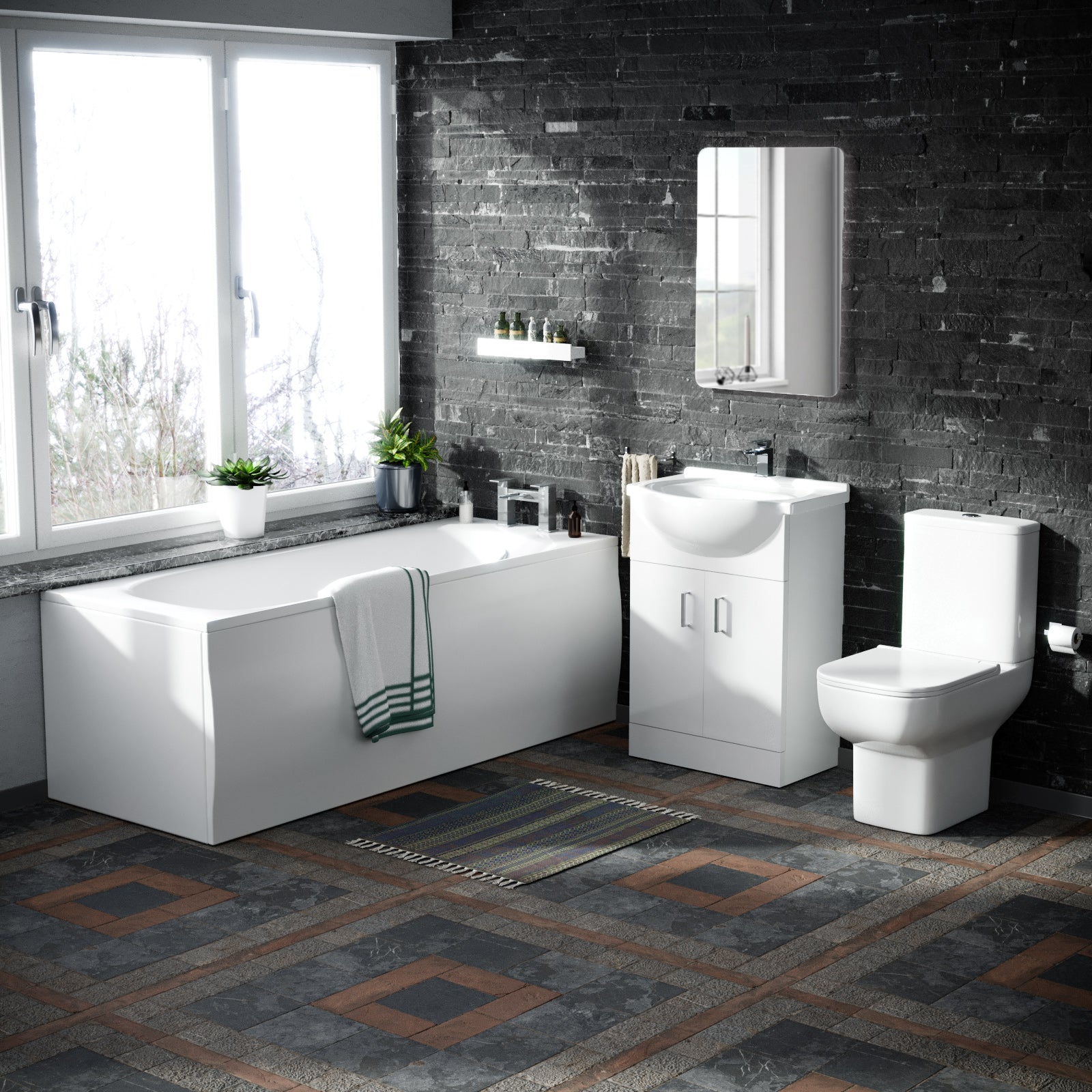 Ellen Round Single End Straight Bath, 550mm Flat Pack Vanity Basin Unit, WC Unit & Close Coupled Toilet