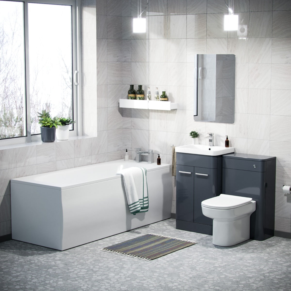 Afern Bathroom Dark Grey Vanity Unit, WC Unit, D-Shape Toilet and Bath Suite