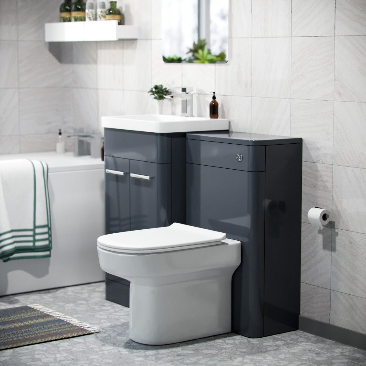 Afern Bathroom Dark Grey Vanity Unit, WC Unit, D-Shape Toilet and Bath Suite