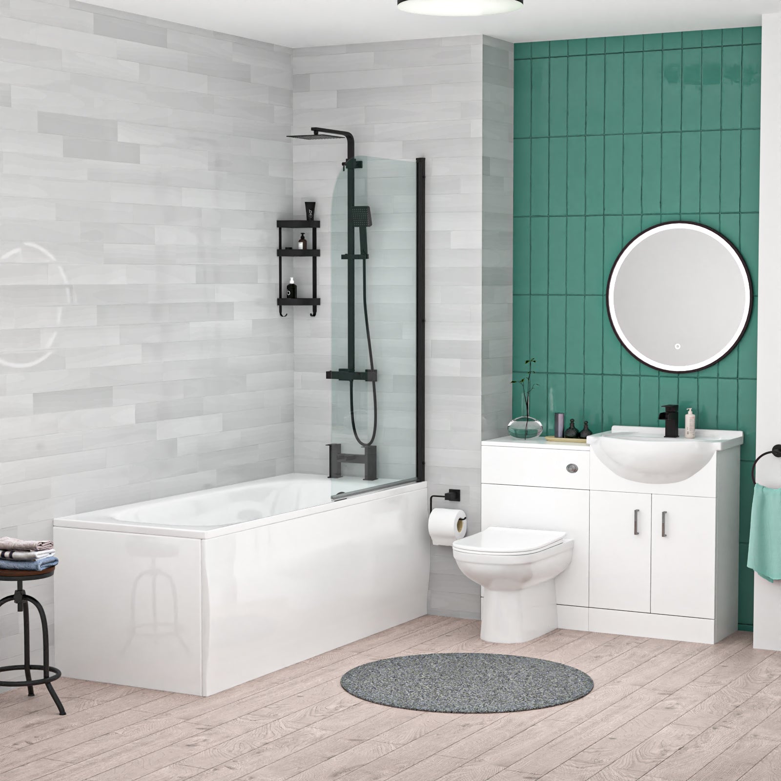 Bath Black Shower Mixer, Screen, Basin Vanity, BTW Toilet and Tap Suite