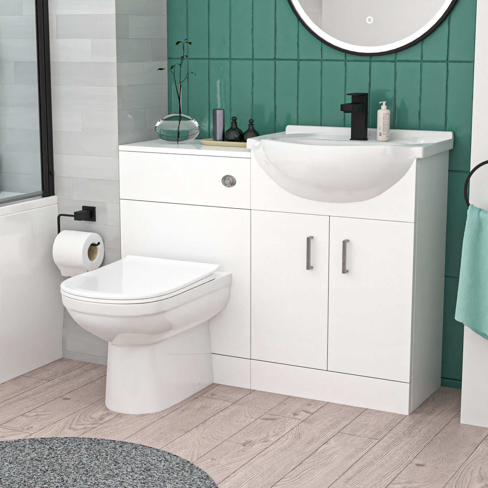 White 500mm Vanity WC Unit BTW Toilet Shower Bath & Matte Black Tap Suite