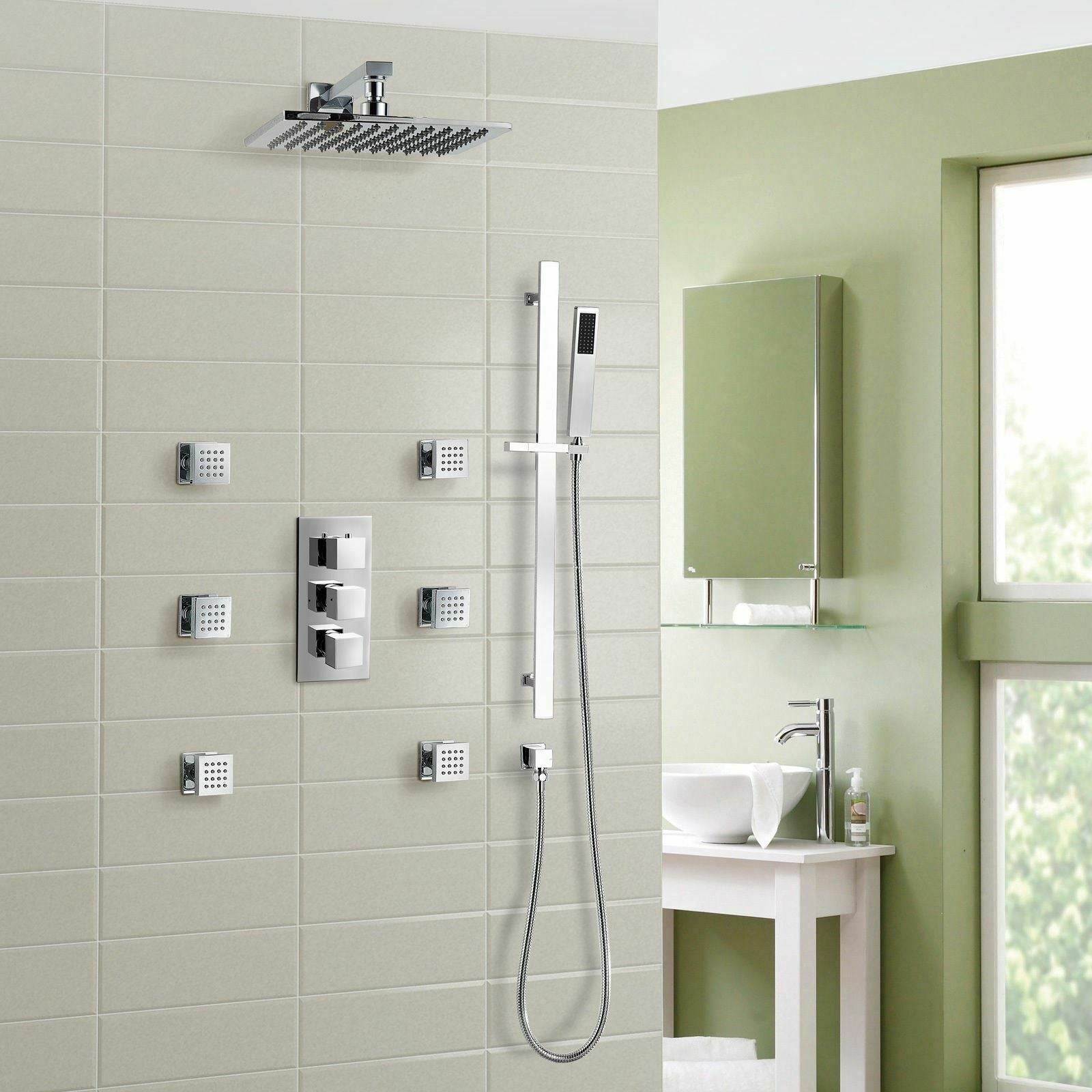Olive Square 3 Way Concealed Thermostatic Shower Mixer Shower Head Handset & Body Jets Set