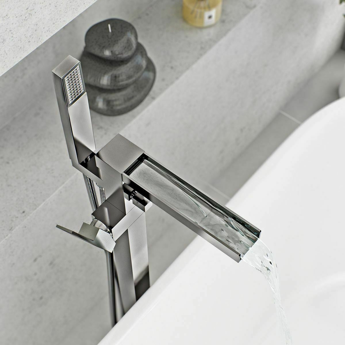 Ozone Chrome Square Freestanding Waterfall Bath Shower Mixer Modern Bathroom