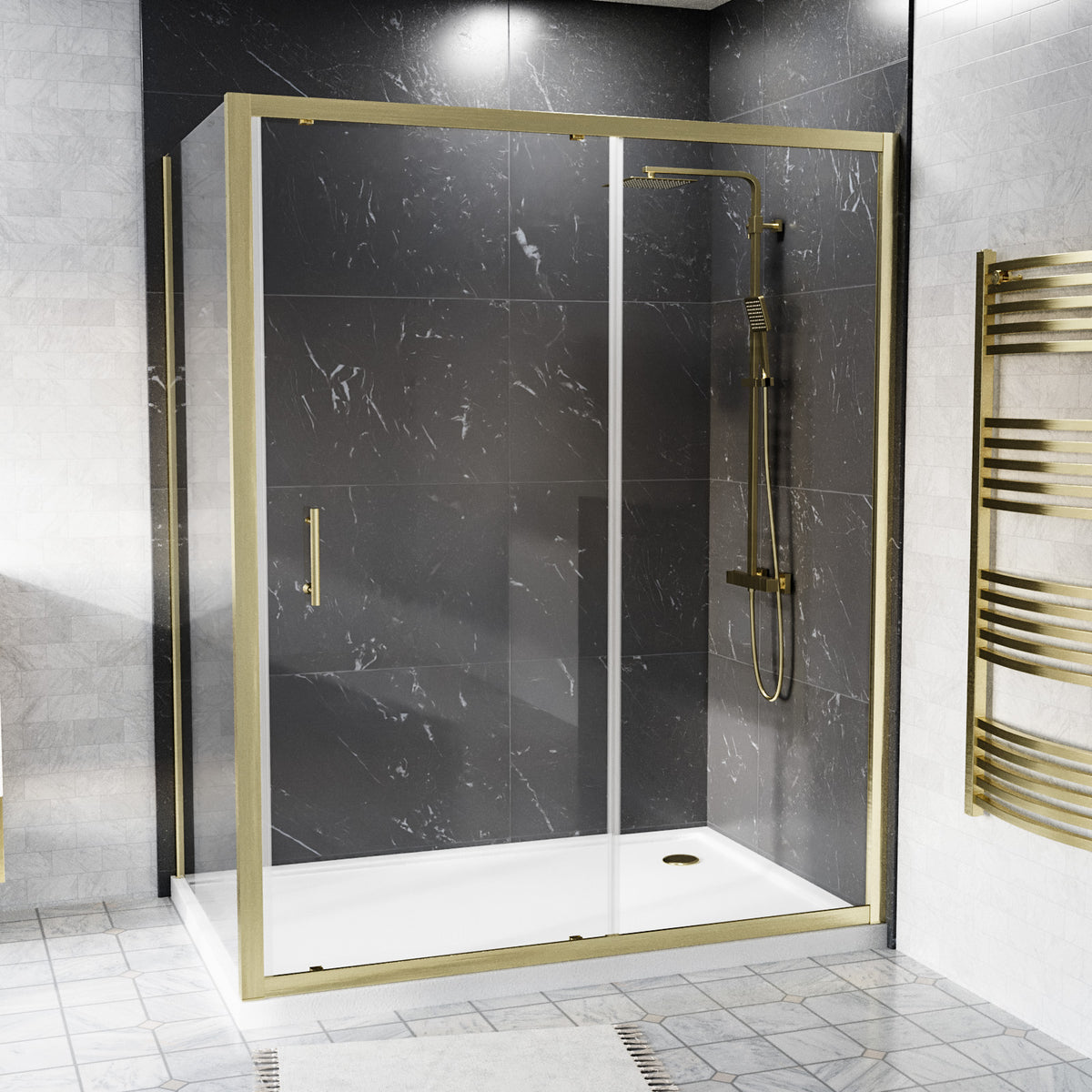 Shower 1300 x 1850mm Slider Door With 1000 x 1850mm Side Panel - Brushed Brass