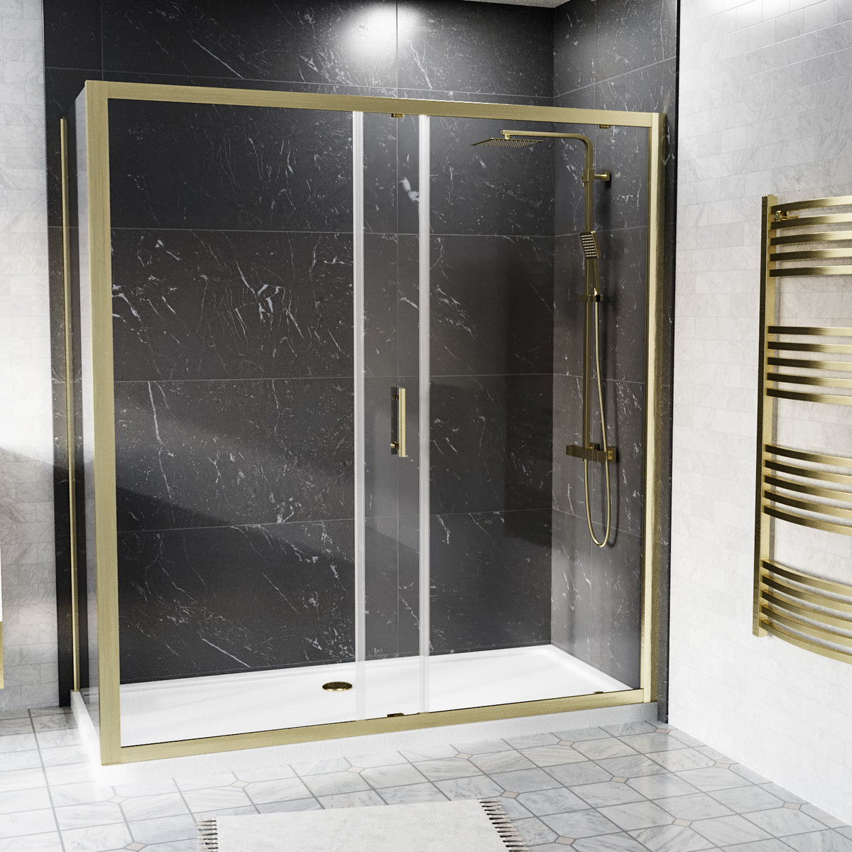 Shower 1700 x 1850mm Slider Door With 760mm Side Panel & Tray - Brushed Brass