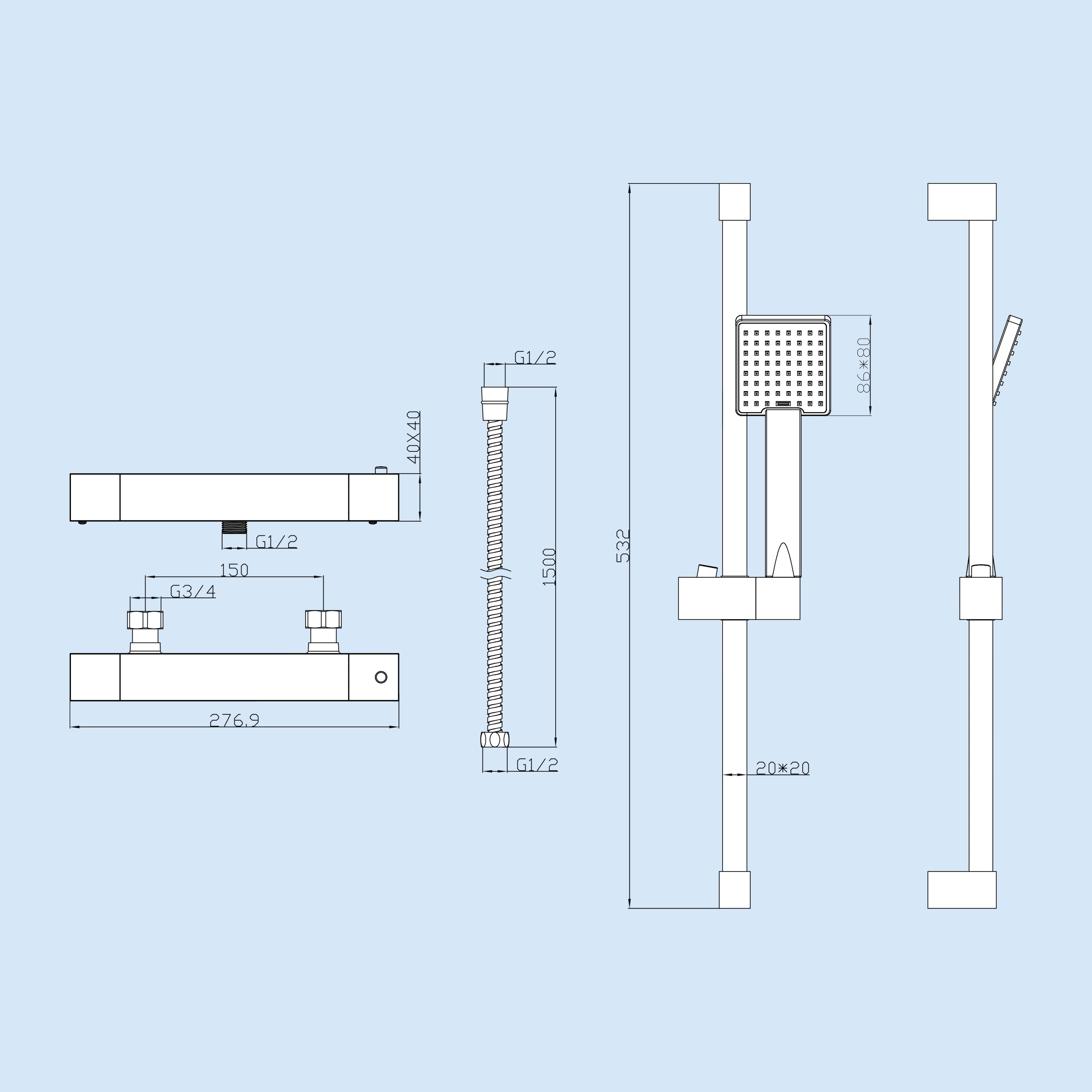 Square Thermostatic Mixer With Slider Rail & Handset Matte Black