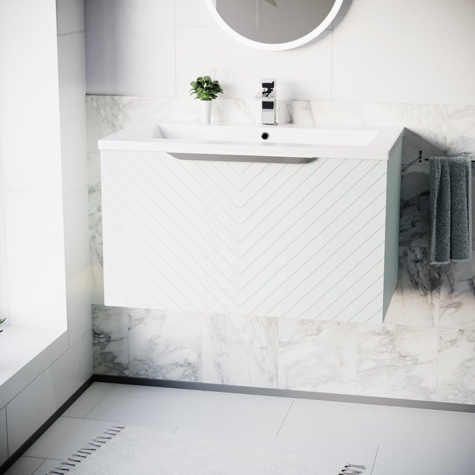 800mm Wall Hung Vanity Double Drawers Matte Green with Basin and Silver Handle