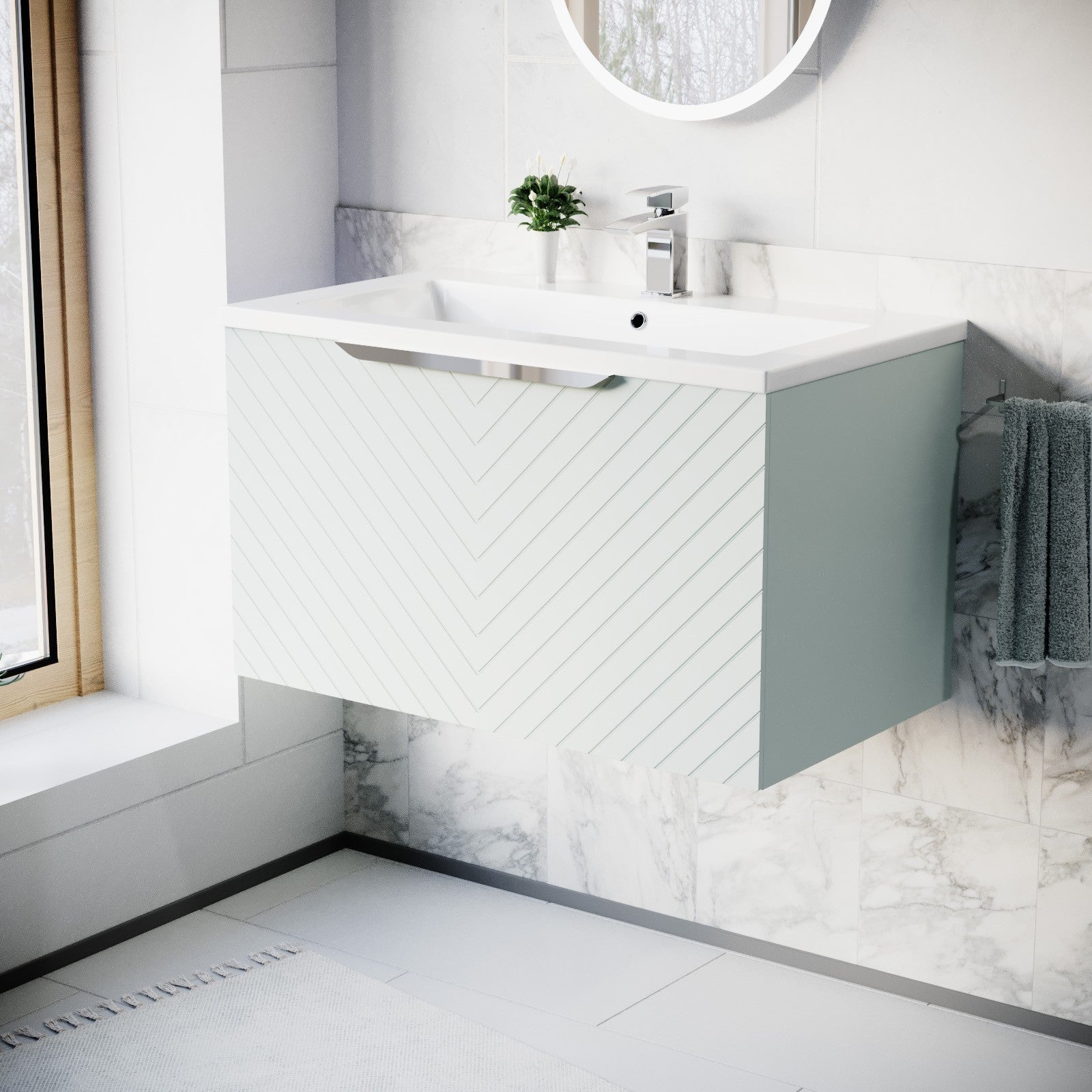 800mm Wall Hung Vanity Double Drawers Matte Green with Basin and Silver Handle