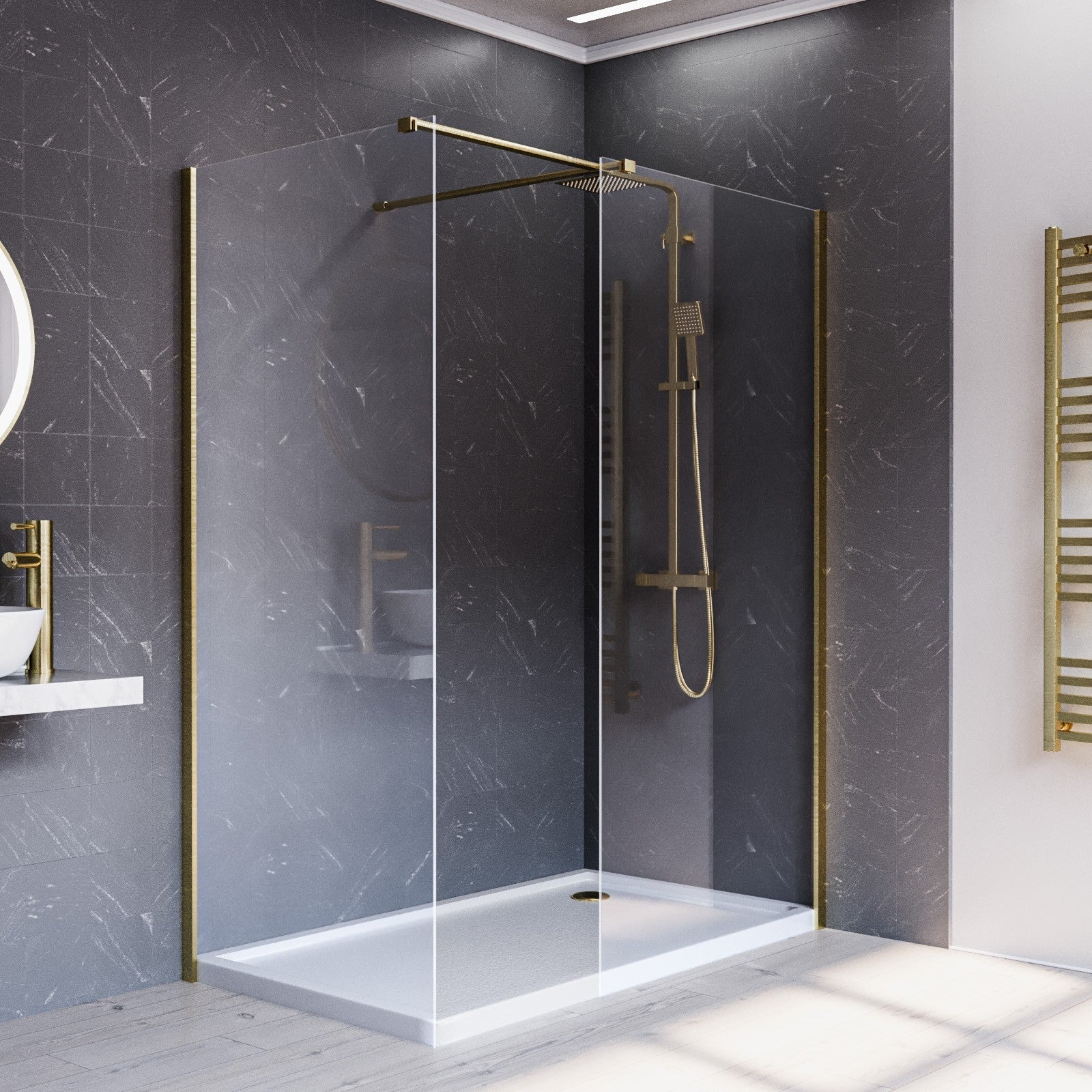 Brushed Brass 1400 x 800mm Wet Room Screen 8mm Tempered Glass with Tray