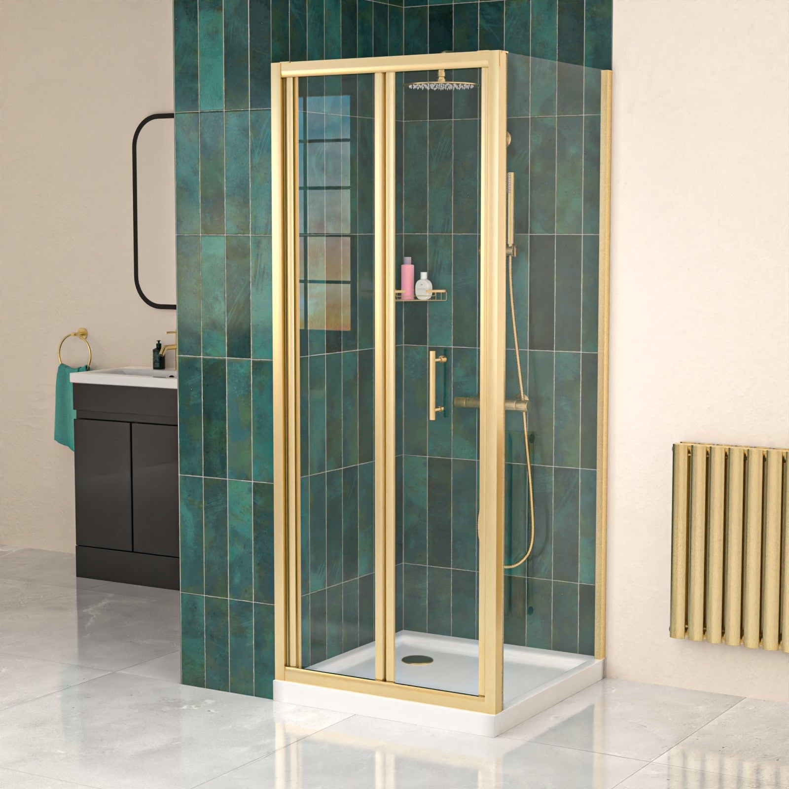 Brushed Brass 760mm Bi-fold Shower Door 760mm Side Panel Glass With Tray