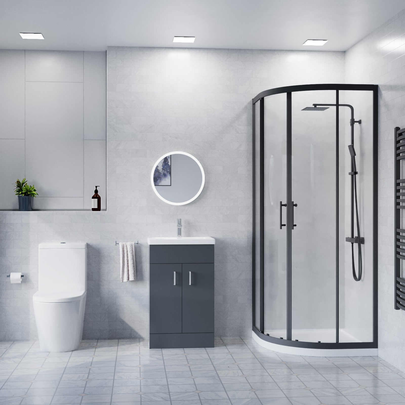 500mm Floor Standing Vanity With Ceramic Basin & Close Coupled Toilet, 900mm Quadrant Screen