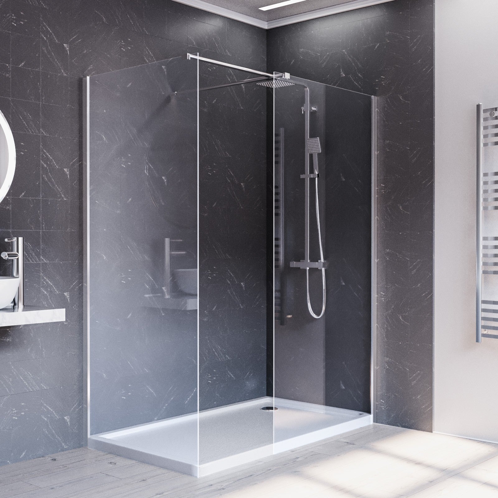 Chrome 900 x 800mm Wet Room Screen 8mm Tempered Glass with Tray