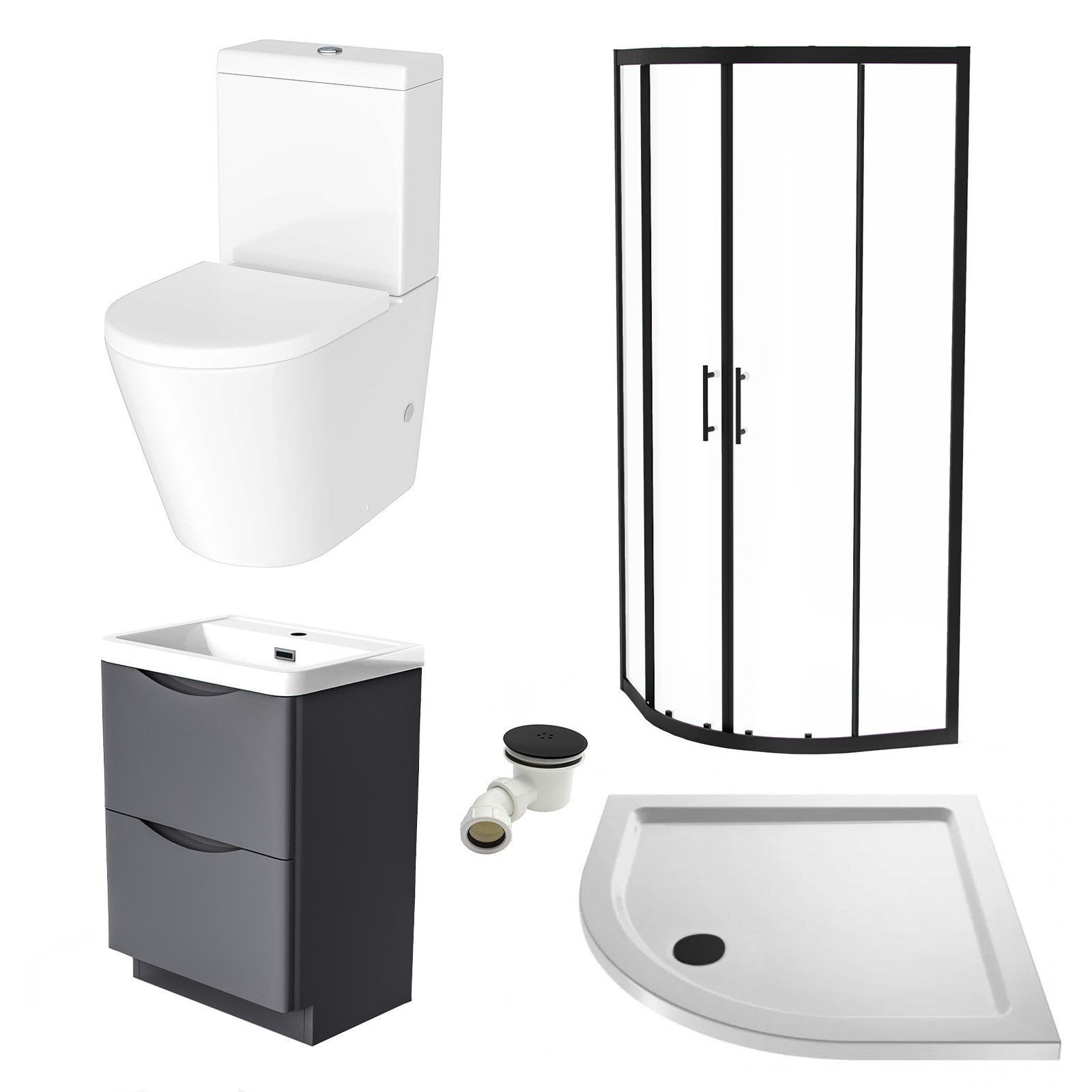 600mm Floor Standing Vanity With Ceramic Basin, Close Coupled Toilet & Quadrant Screen