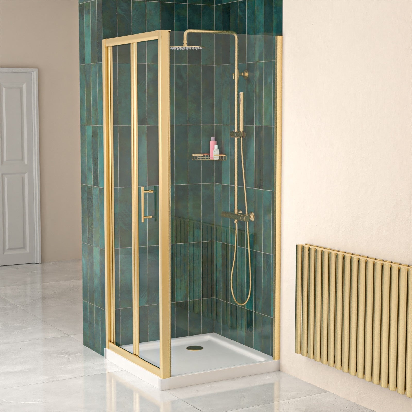 Brushed Brass 760mm Bi-fold Shower Door 760mm Side Panel Glass With Tray