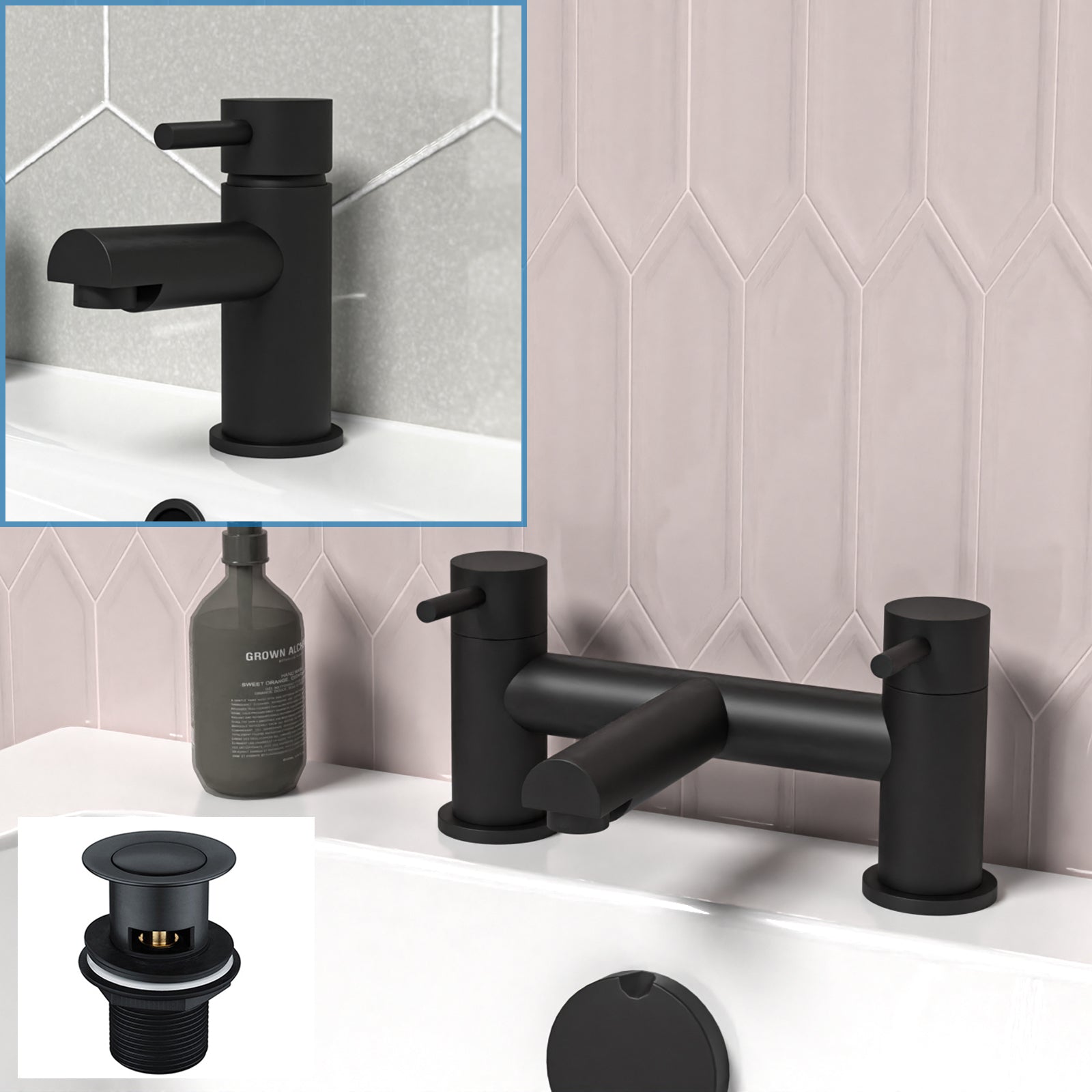 Wyfold Basin Single Lever Mixer Tap, Bath Filler Mixer Tap Matt Black & Waste