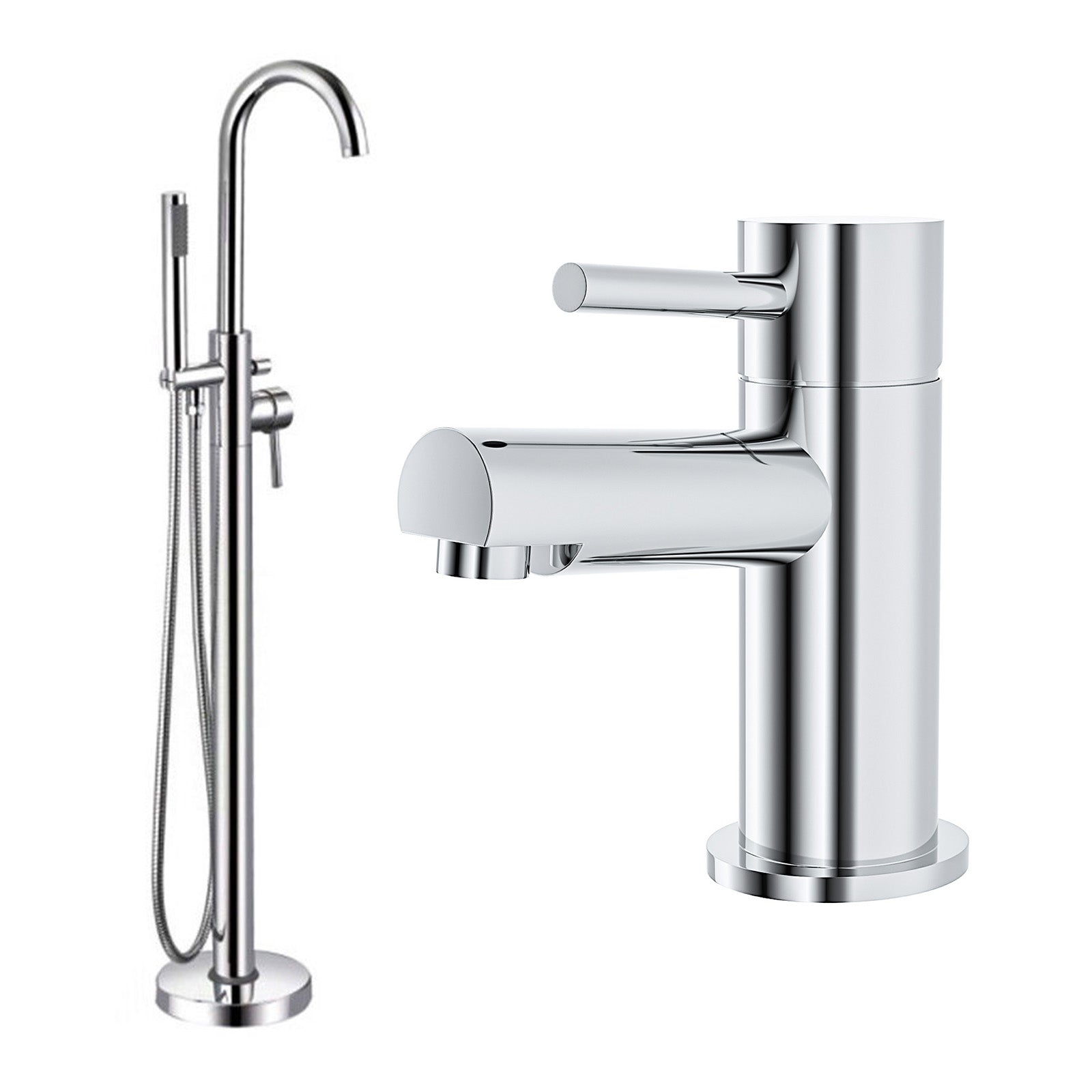 Marc Contemporary Basin Single Lever Tap And Freestanding Bath Shower Mixer Tap With Handset Kit + Click Waste