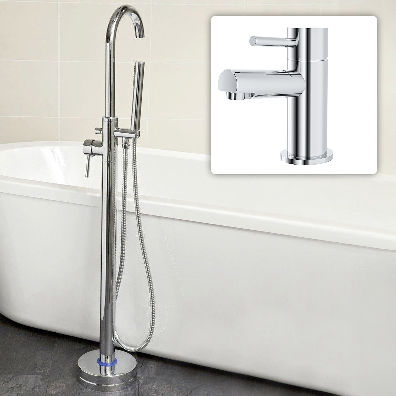 Modern Freestanding Chrome Bath Shower Mixer Tap With Shower Kit + Marc Basin Sink Mono Tap
