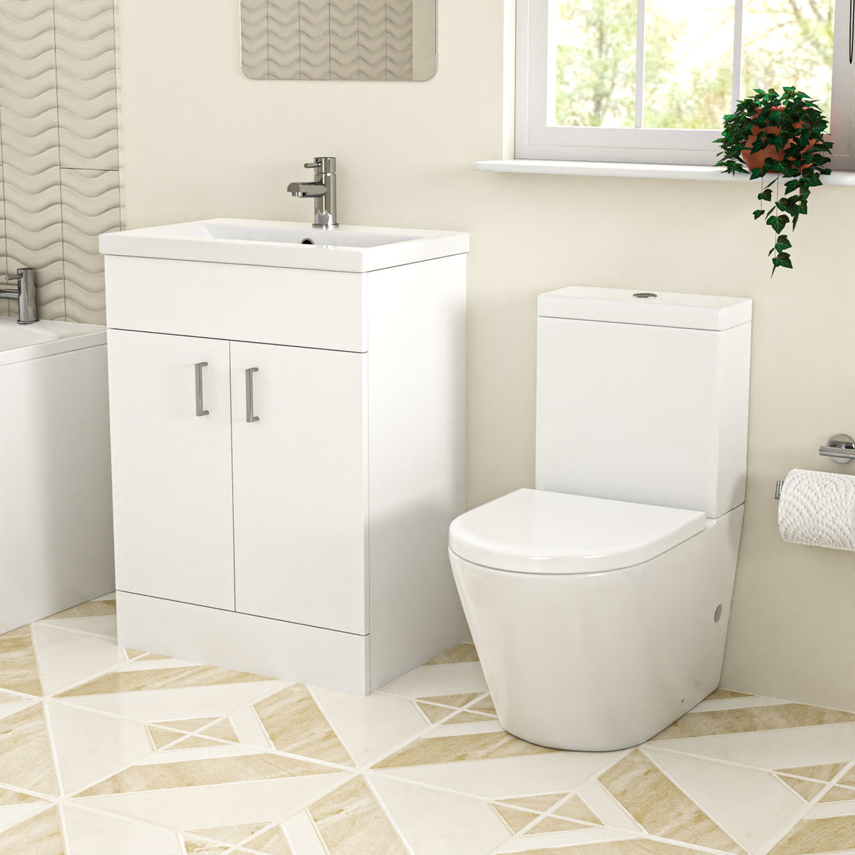 Bathroom Suite 600mm Freestanding Vanity With Close Coupled Toilet and Round Bathtub
