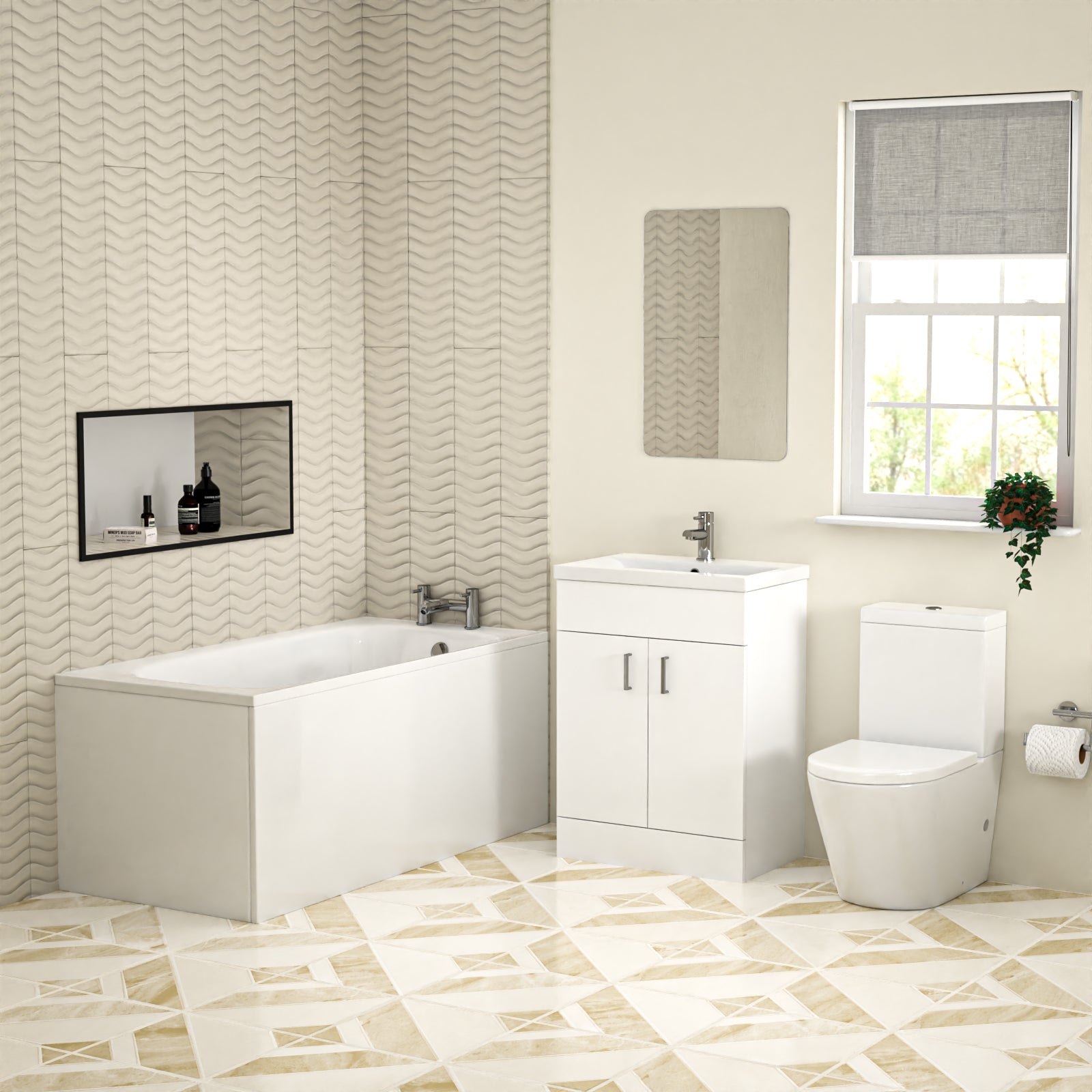 Bathroom Suite 600mm Freestanding Vanity With Close Coupled Toilet and Round Bathtub