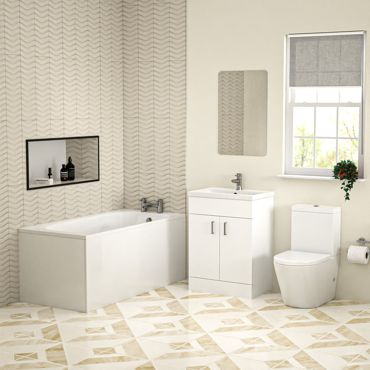Bathroom Suite 600mm Freestanding Vanity With Close Coupled Toilet and Round Bathtub