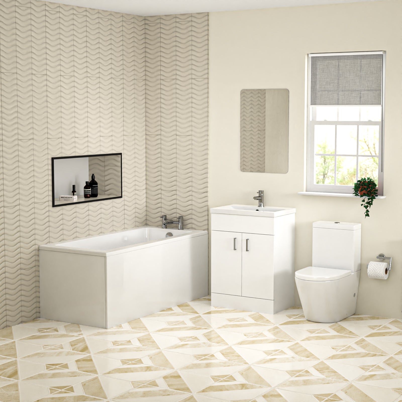 Bathroom Suite Square Bathtub With 600mm Freestanding Vanity and Close Coupled Toilet