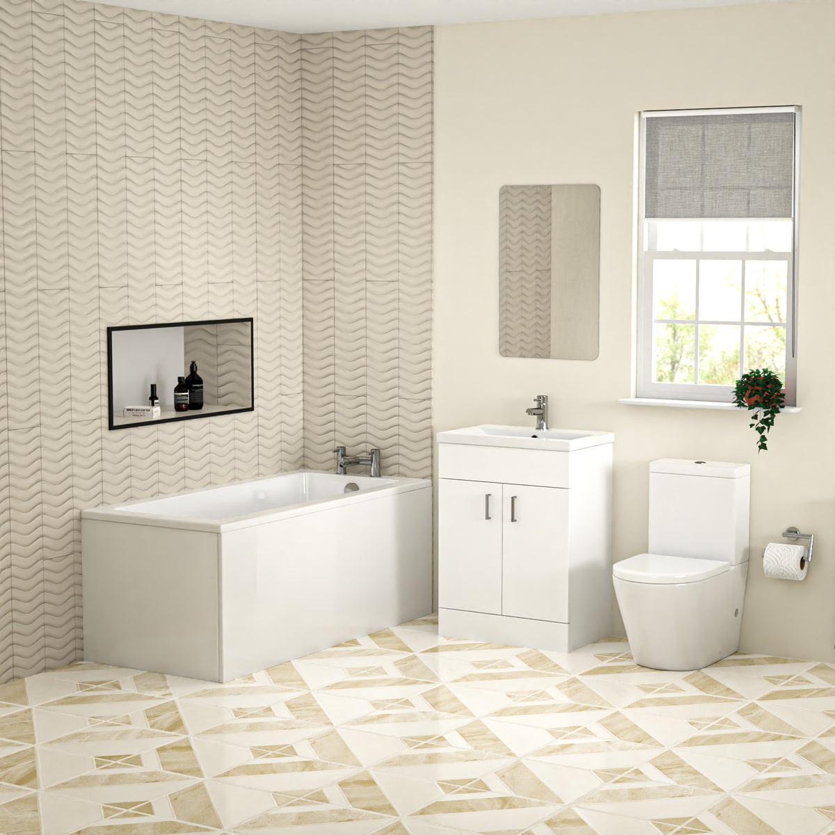 Bathroom Suite 600mm Freestanding Vanity With Close Coupled Toilet and Square Bathtub
