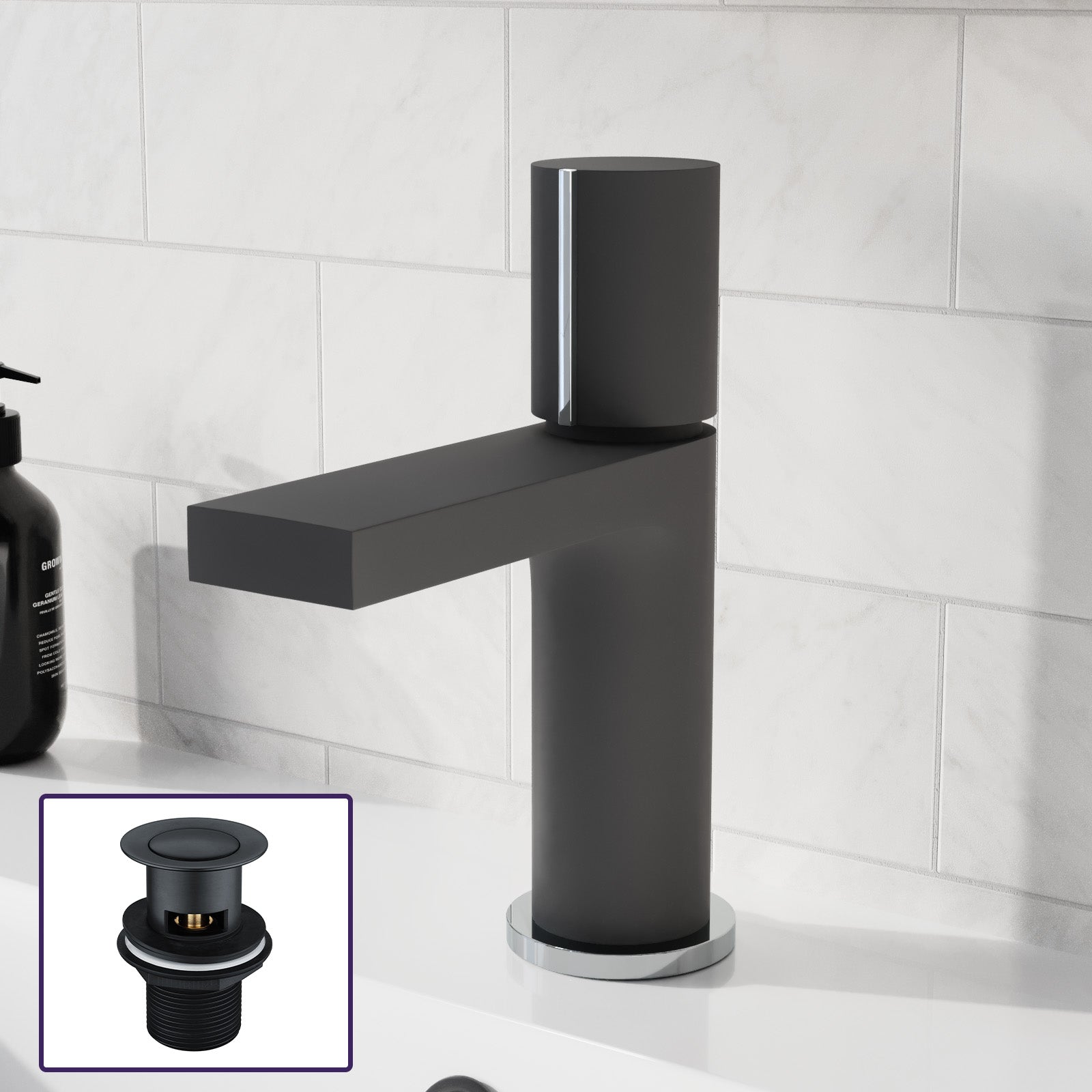 Basin Mono Mixer Matte Black and Slotted Basin Waste