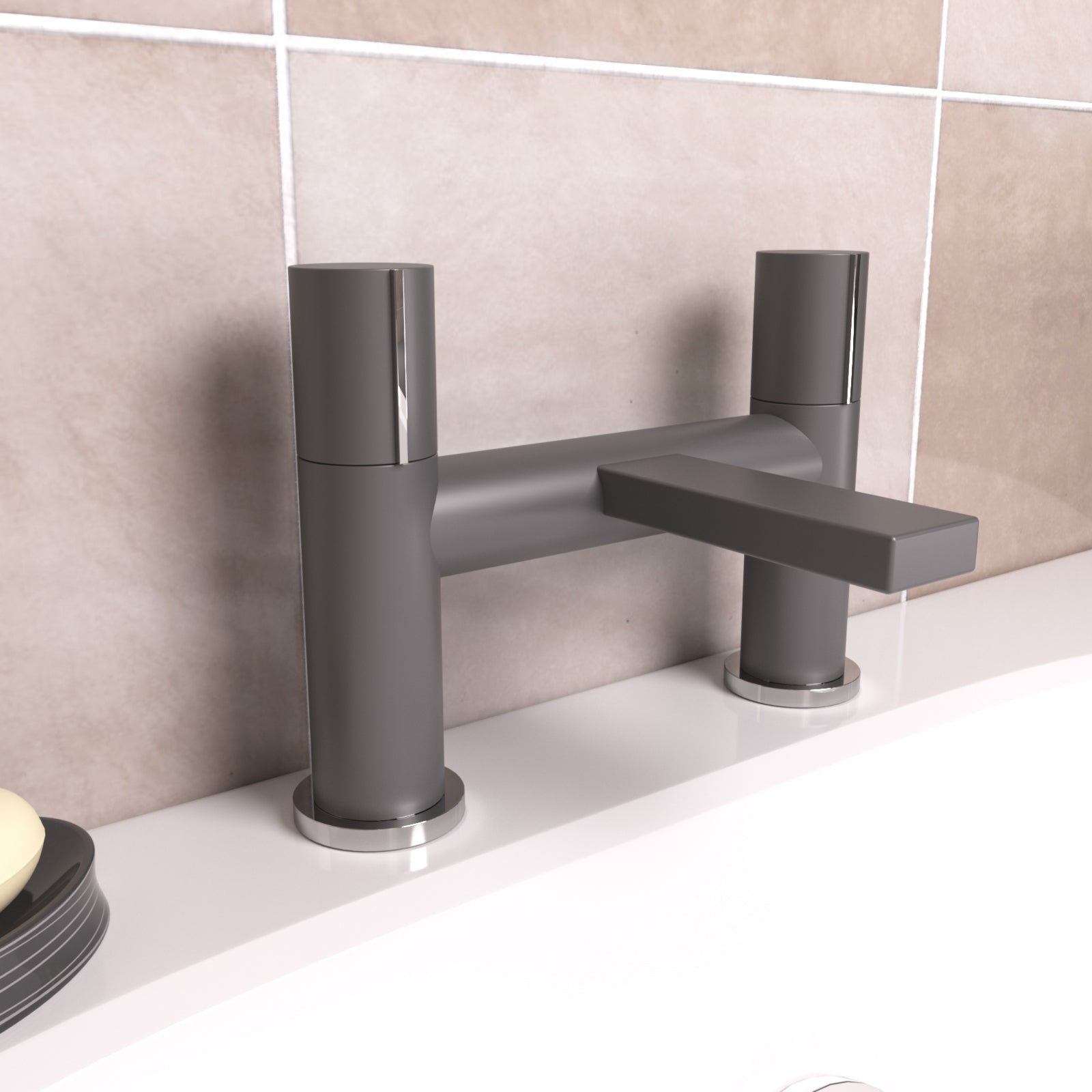 Matte Grey Arte Handleless Futuristic Bath Filler Tap Deck Mounted Brass
