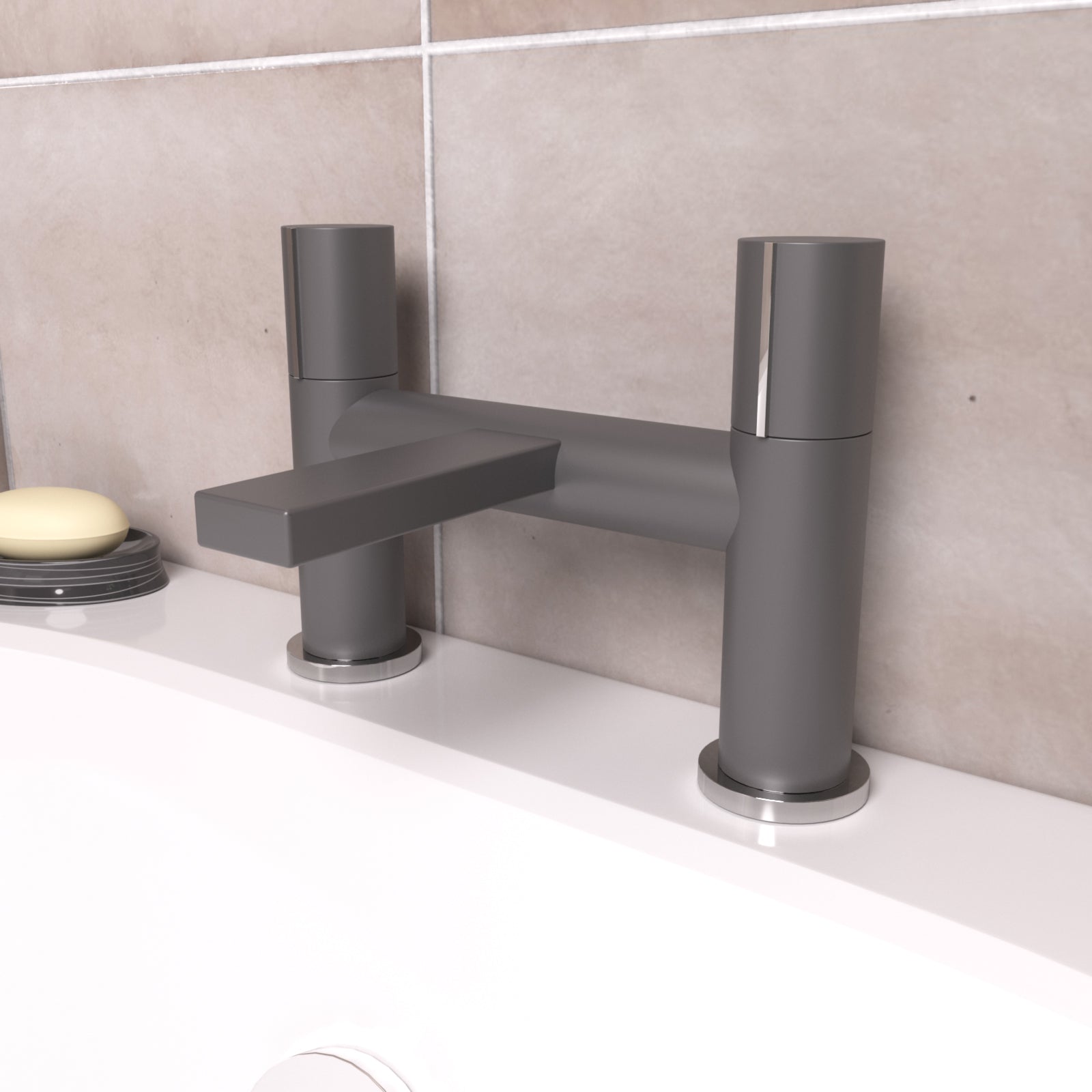Matte Grey Arte Handleless Futuristic Bath Filler Tap Deck Mounted Brass