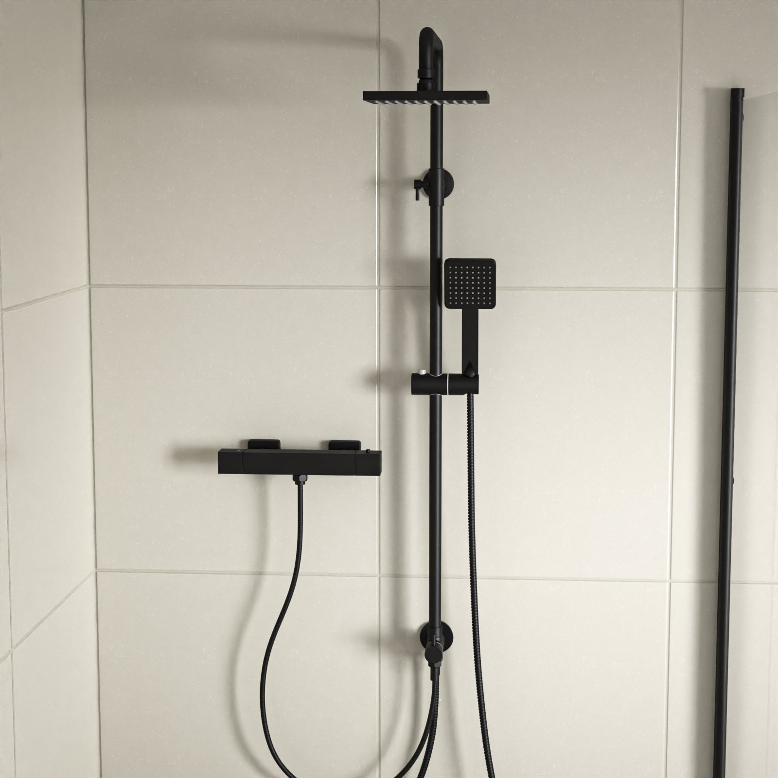 Square Exposed Shower With Handset & Thermostatic Bar Valve - Matte Black