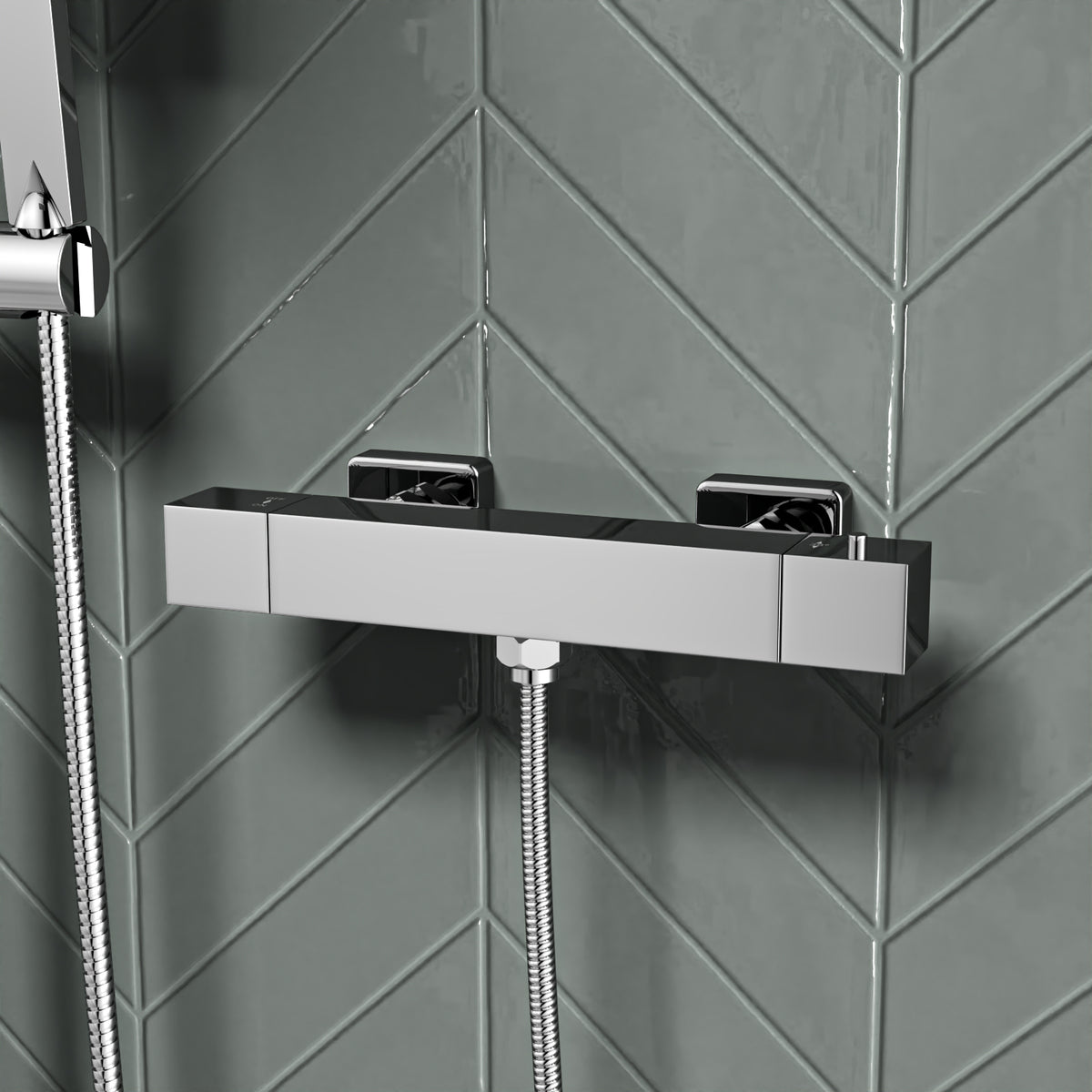 Square Exposed Shower Kit With Handset & Thermostatic Bar Valve - Chrome
