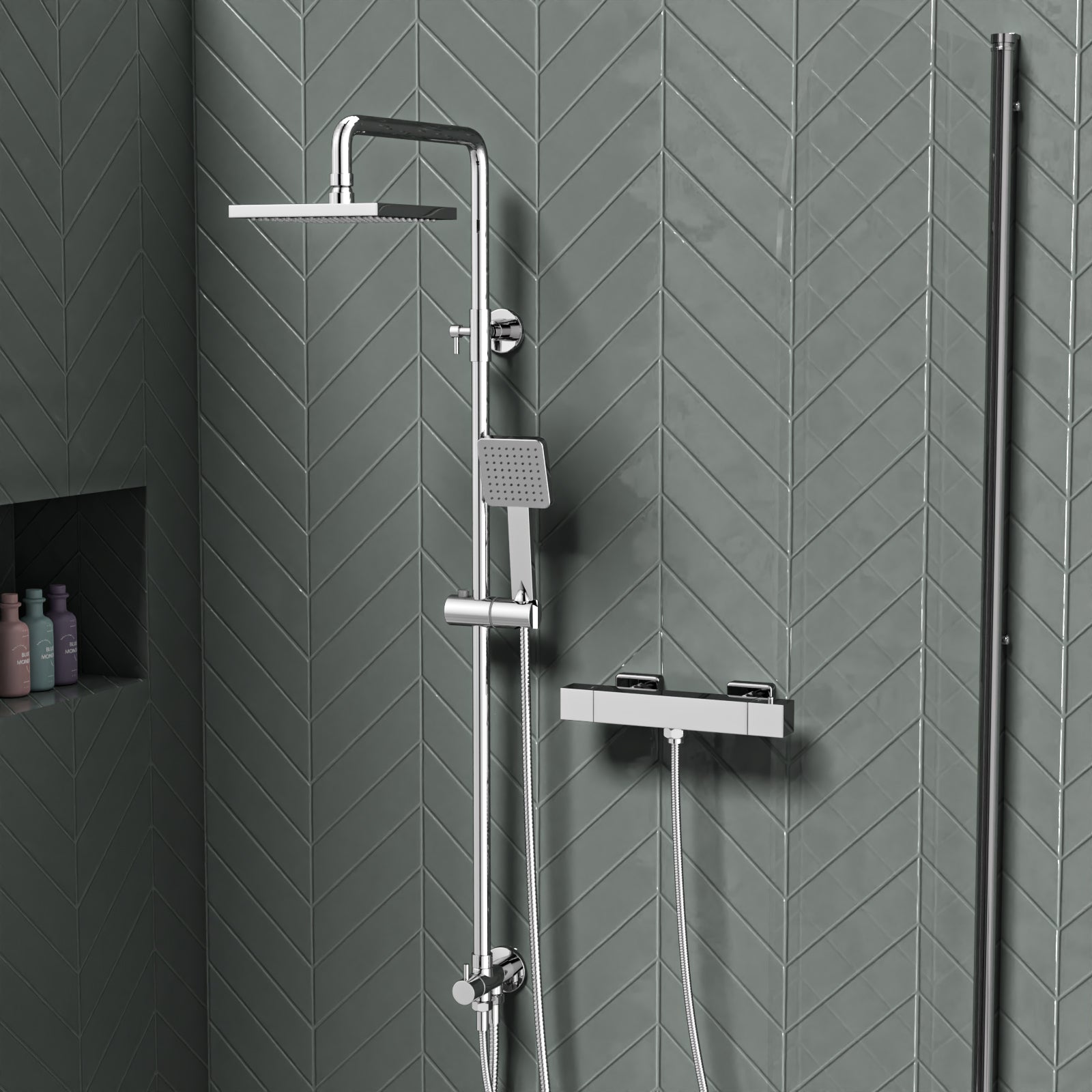 Square Exposed Shower Kit With Handset & Thermostatic Bar Valve - Chrome