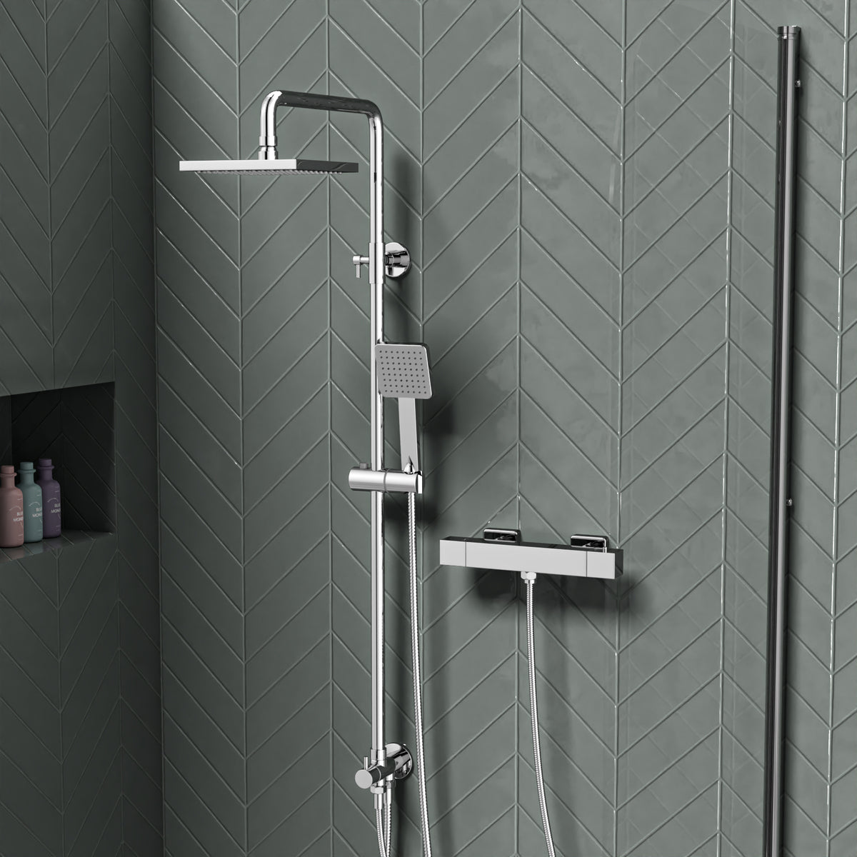 Square Exposed Shower Kit With Handset & Thermostatic Bar Valve - Chrome