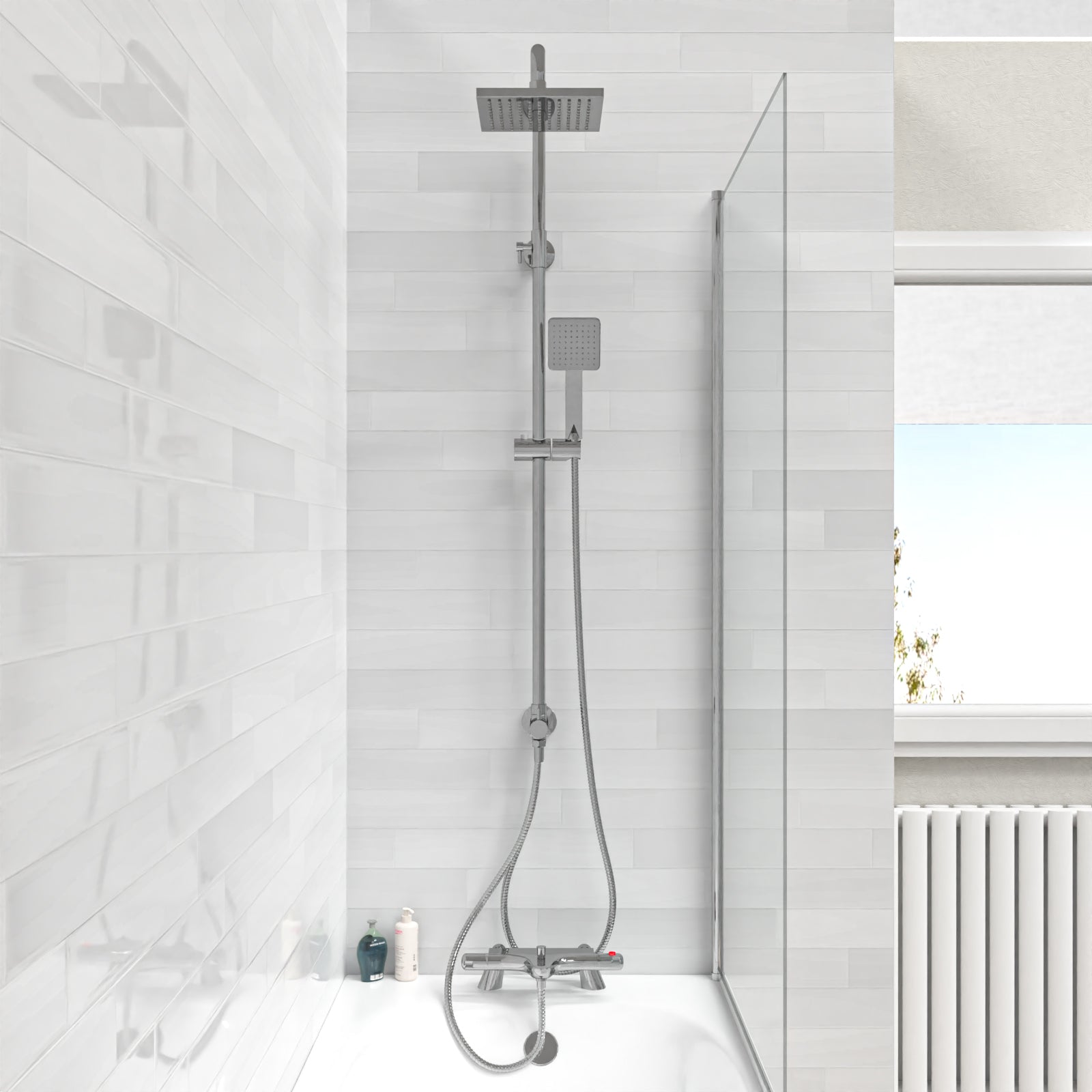 Square Chrome Exposed Shower Mixer Thermostatic Riser Rail & Handset