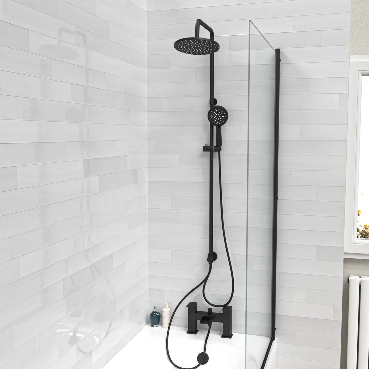 Stamford Round Shower Riser Rail Kit With Waterfall Mixer & Handset Matte Black