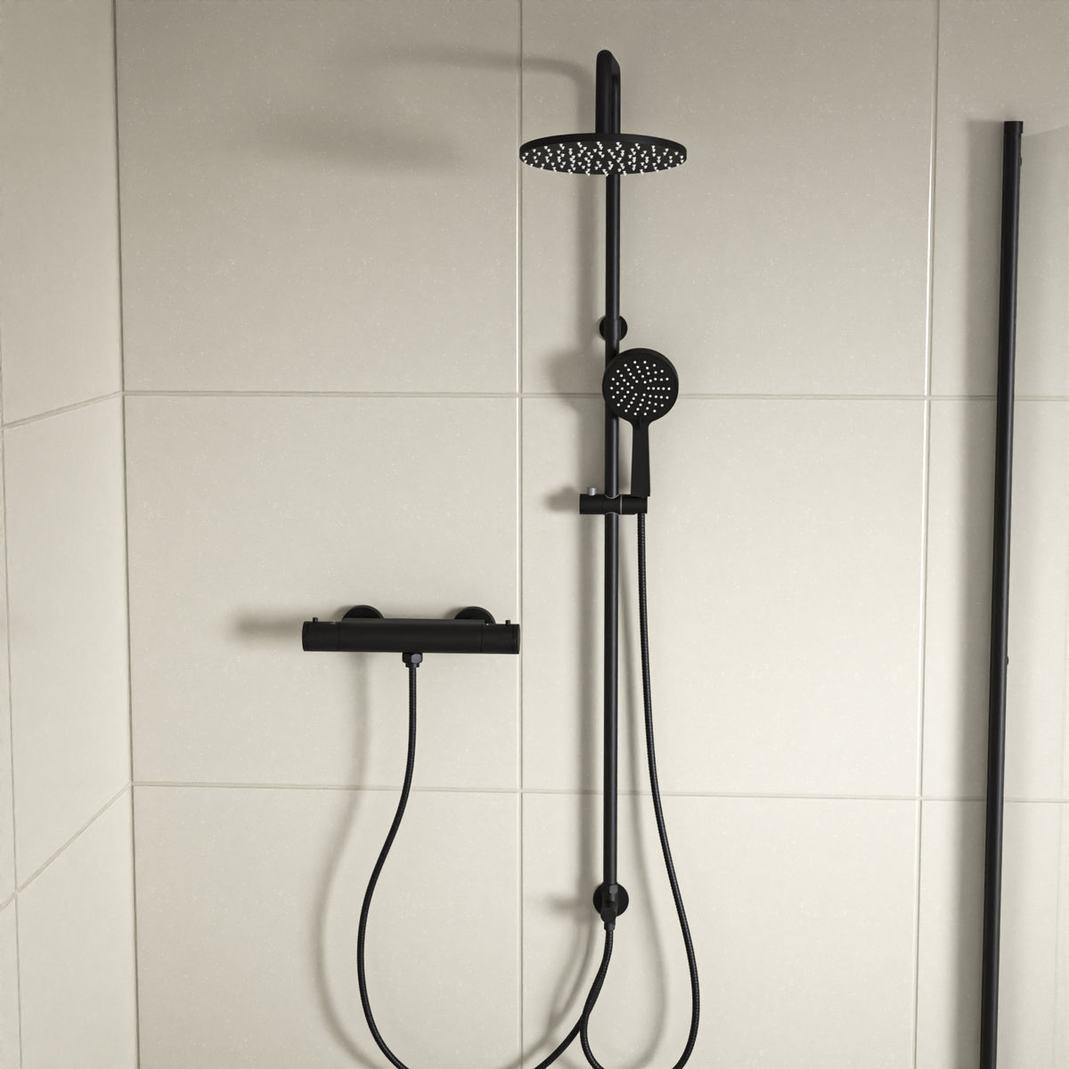 Round Shower Kit With Thermostatic Valve Single Outlet - Matte Black